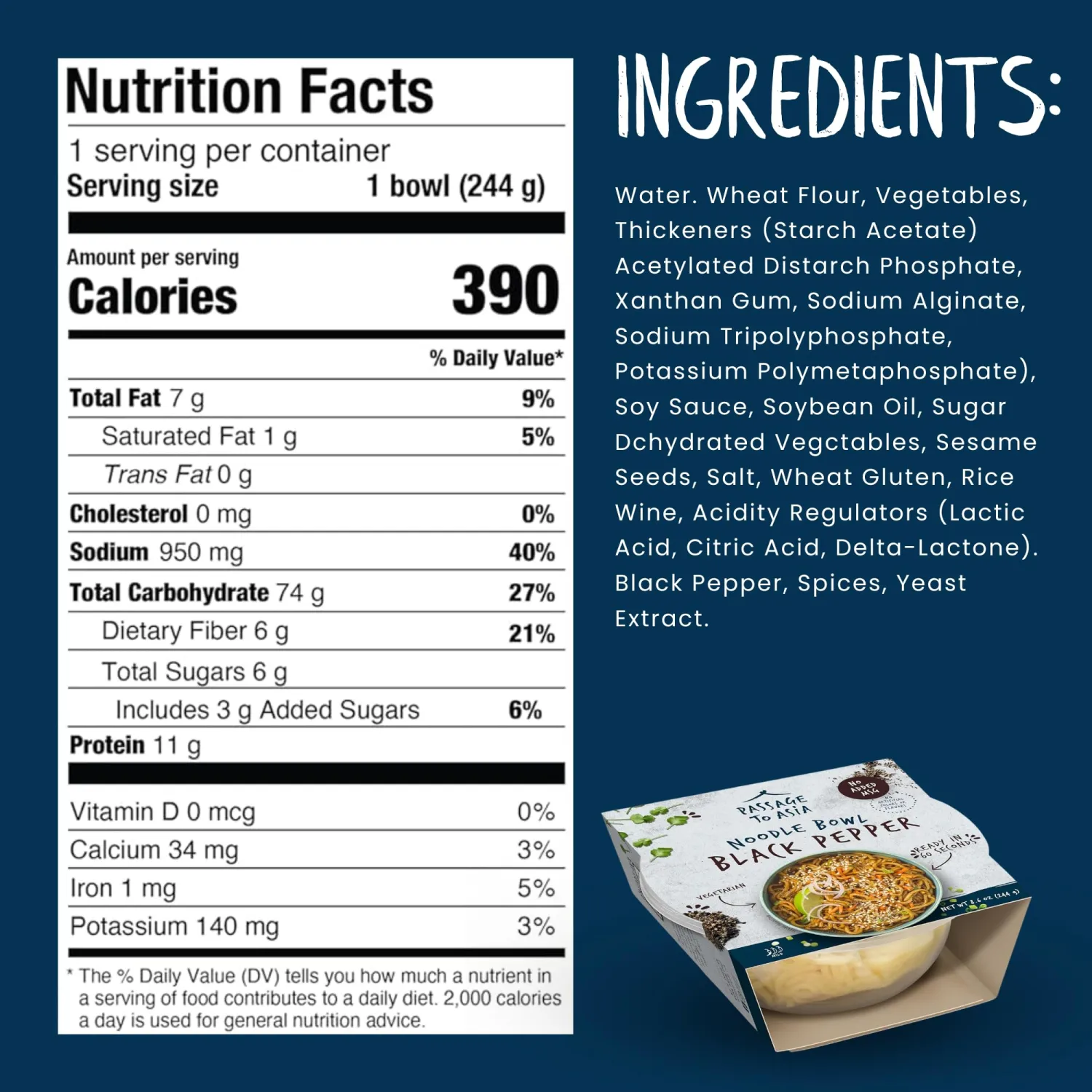 Passage to Asia Instant Noodles - Black Pepper Noodle Bowl - Vegetarian Hokkien Asian Noodles - Microwaveable Meal Ready in 60 Seconds - 1 pack