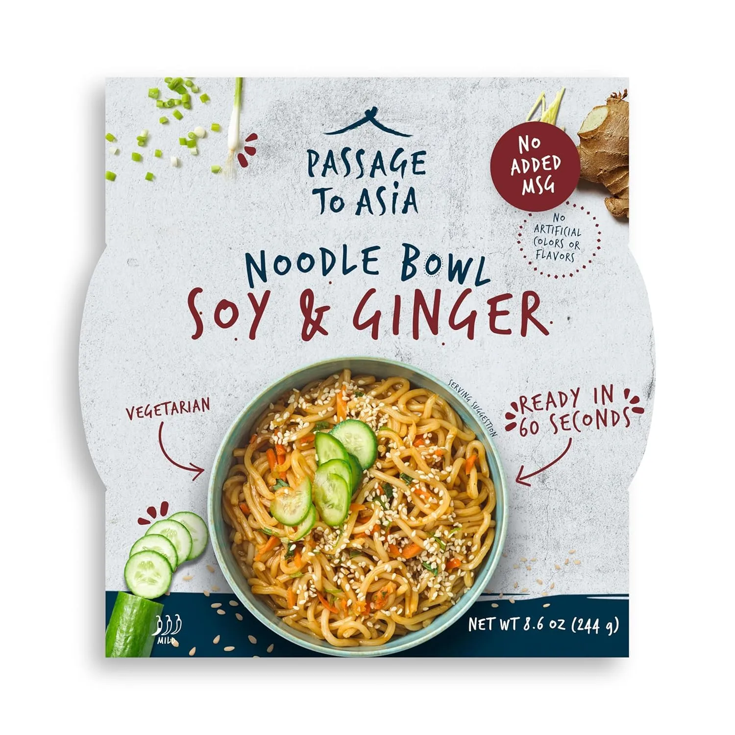 Passage to Asia Instant Noodles - Soy and Ginger Noodle Bowl - Vegetarian Hokkien Asian Noodles - Microwaveable Meal Ready in 60 Seconds - 1 pack