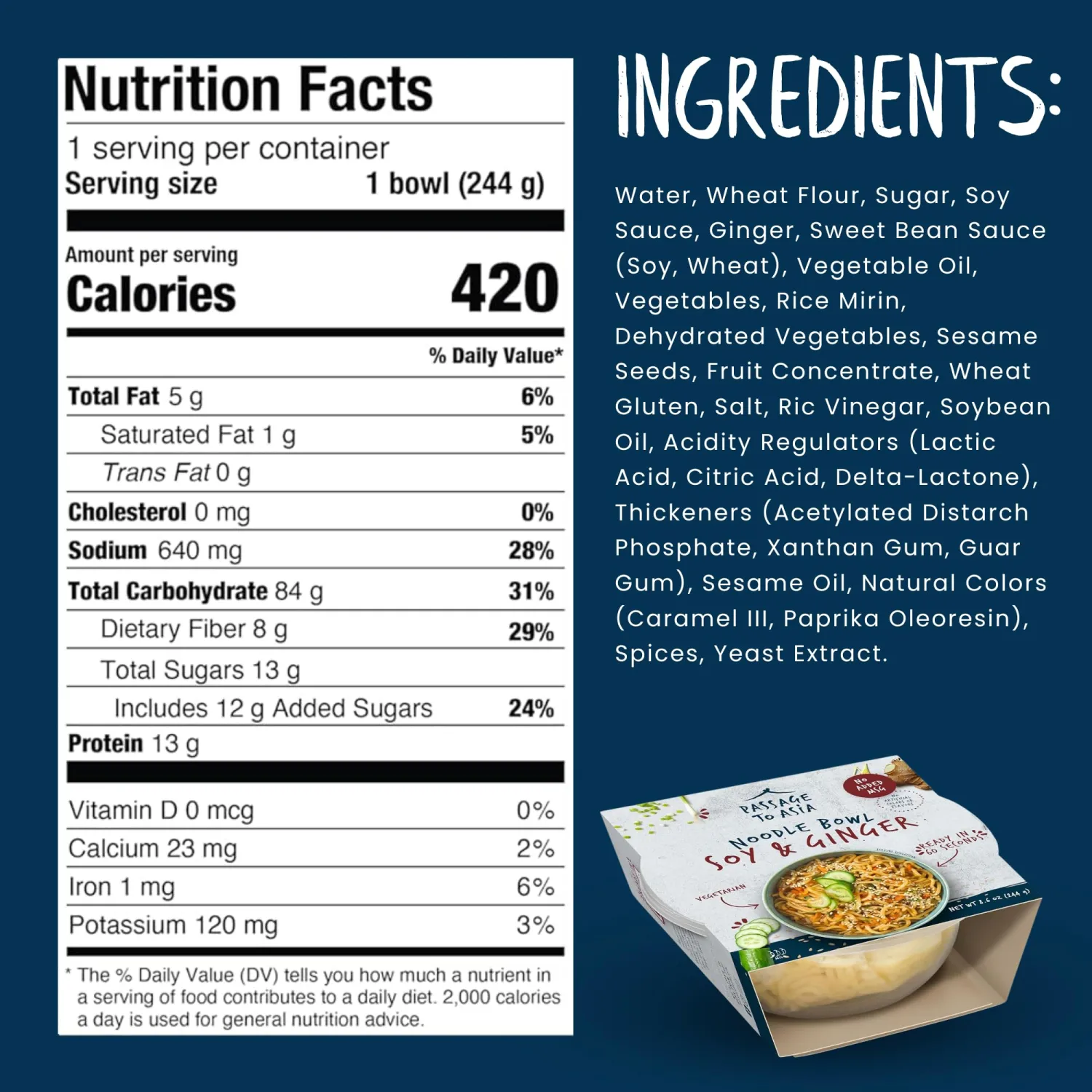 Passage to Asia Instant Noodles - Soy and Ginger Noodle Bowl - Vegetarian Hokkien Asian Noodles - Microwaveable Meal Ready in 60 Seconds - 1 pack
