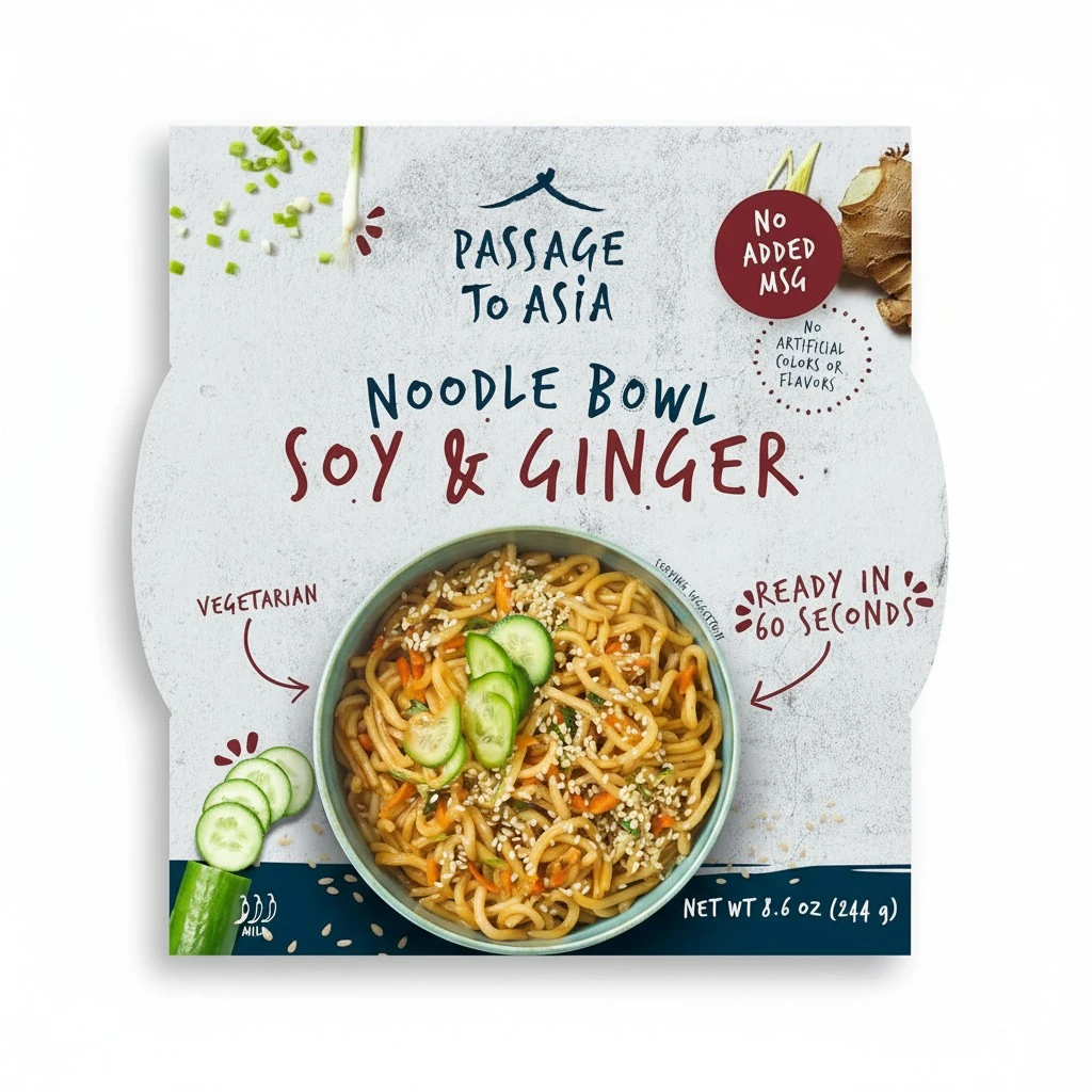 Passage to Asia Instant Noodles - Soy and Ginger Noodle Bowl - Vegetarian Hokkien Asian Noodles - Microwaveable Meal Ready in 60 Seconds - 1 pack