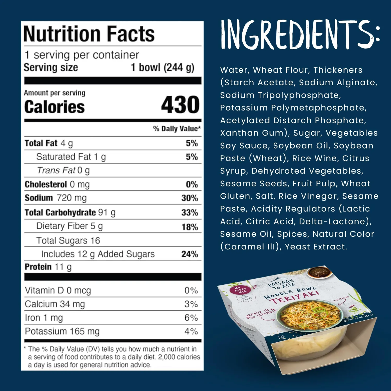 Passage to Asia Instant Noodles - Teriyaki Noodle Bowl - Vegetarian Hokkien Asian Noodles - Microwaveable Meal Ready in 60 Seconds - 1 pack