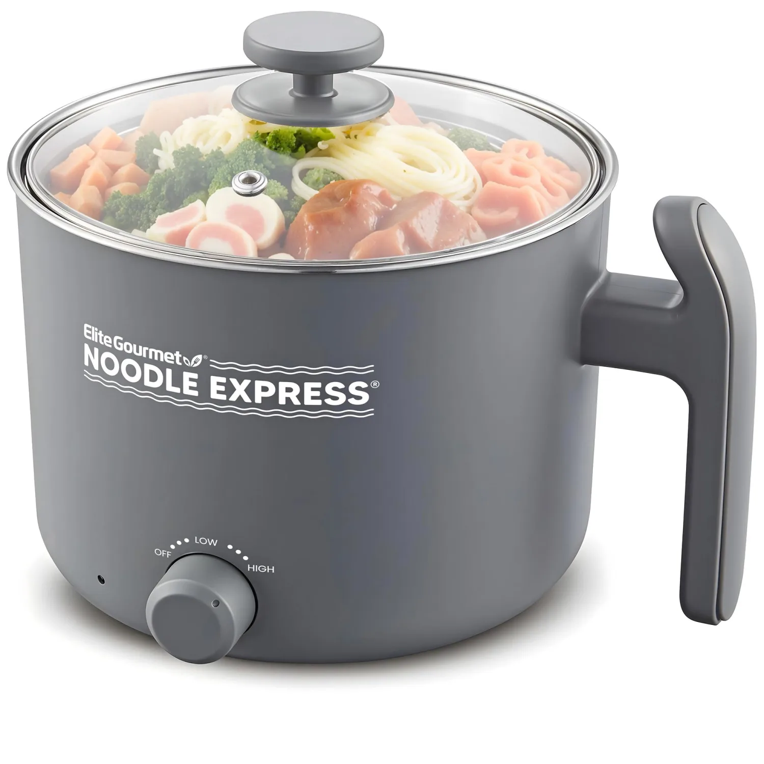 Elite Gourmet NOODLE EXPRESS™ Hot Pot, Prepare Ramen, Rice, Soups, Stews, Boil Water, Stainless-Steel Interior, Glass Lid, High/Low/Off Settings, Grey
