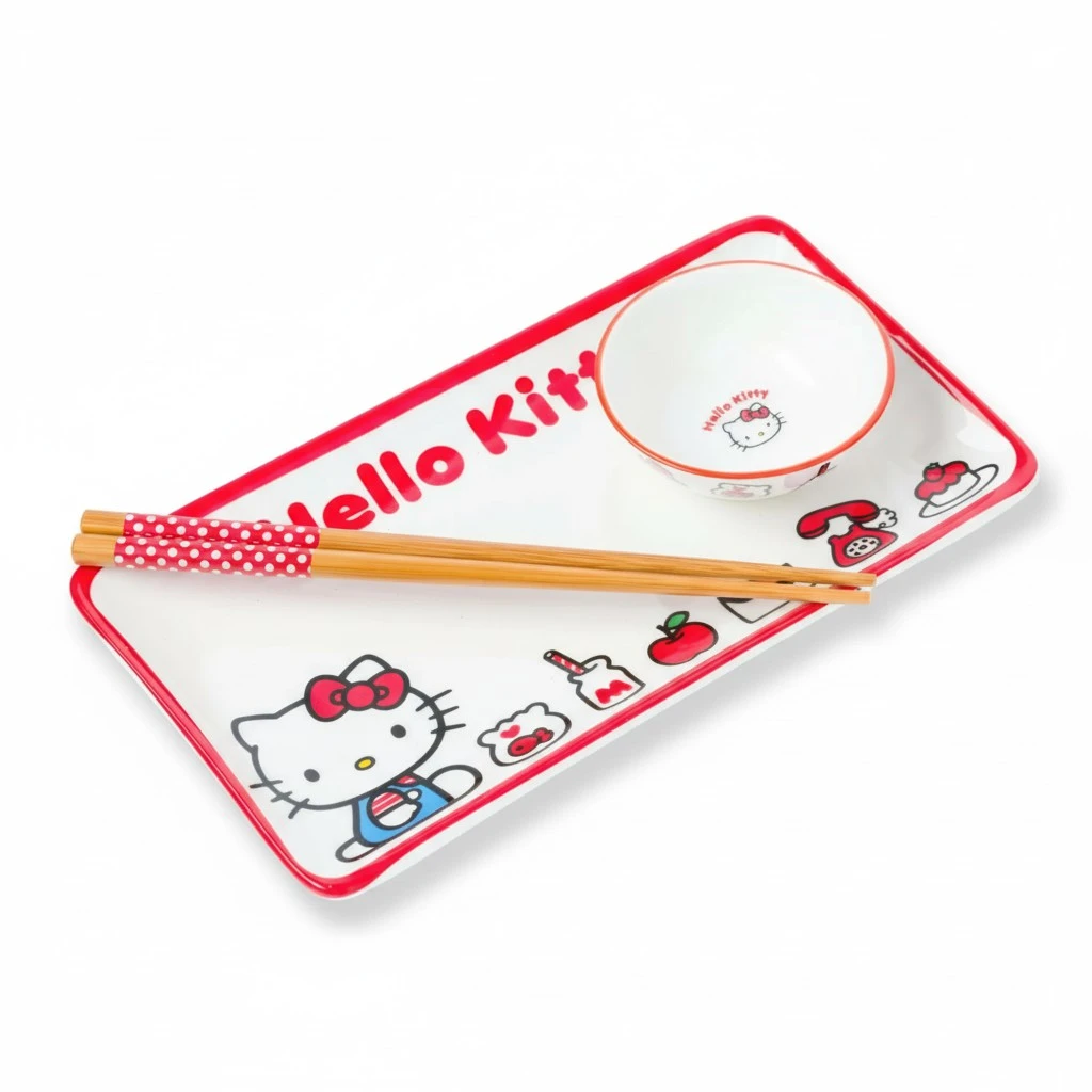 Silver Buffalo Sanrio Hello Kitty Ceramic Sushi Set with Dipping Sauce Dish and Matching Chopsticks