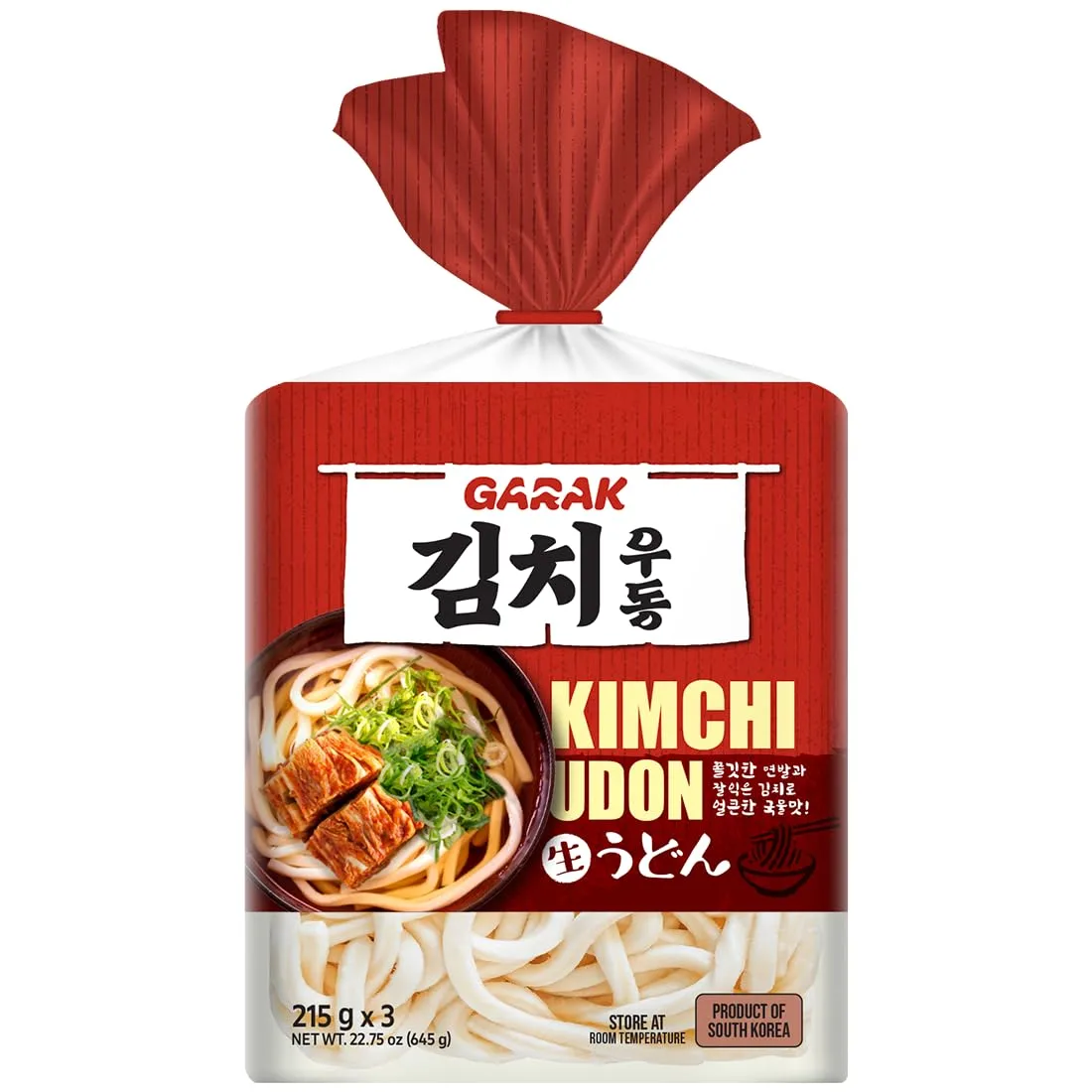 GARAK Kimchi Soup Udon Noodles (3 Packs) – Thick Japanese-Style Korean Noodles with Seasoning, Ready in 2 Minutes, Perfect for Quick Meals (645g / 22.75oz)