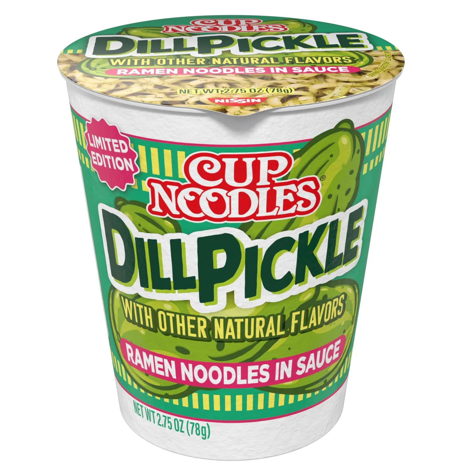 Nissin Cup Noodles Soup, Dill Pickle, Microwaveable Paper Cups, Instant Ramen, Pack of 6