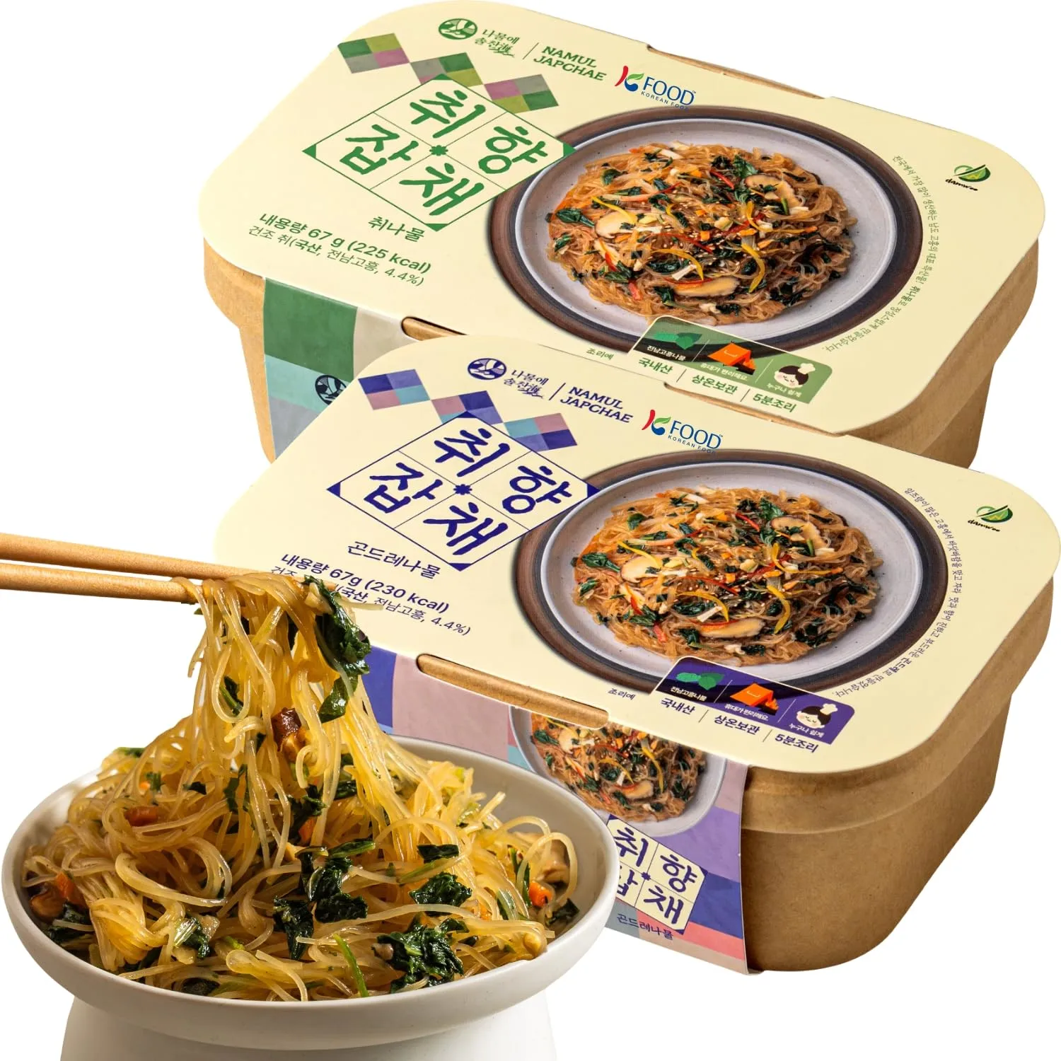 Korean Food Vegan Japchae Noodle Kit – Mixed 2 Pack Set (Chwinamul & Gondre) – Korean-Style Plant-Based Glass Noodles, Instant Meal (2 x 2.36 oz / 67g)