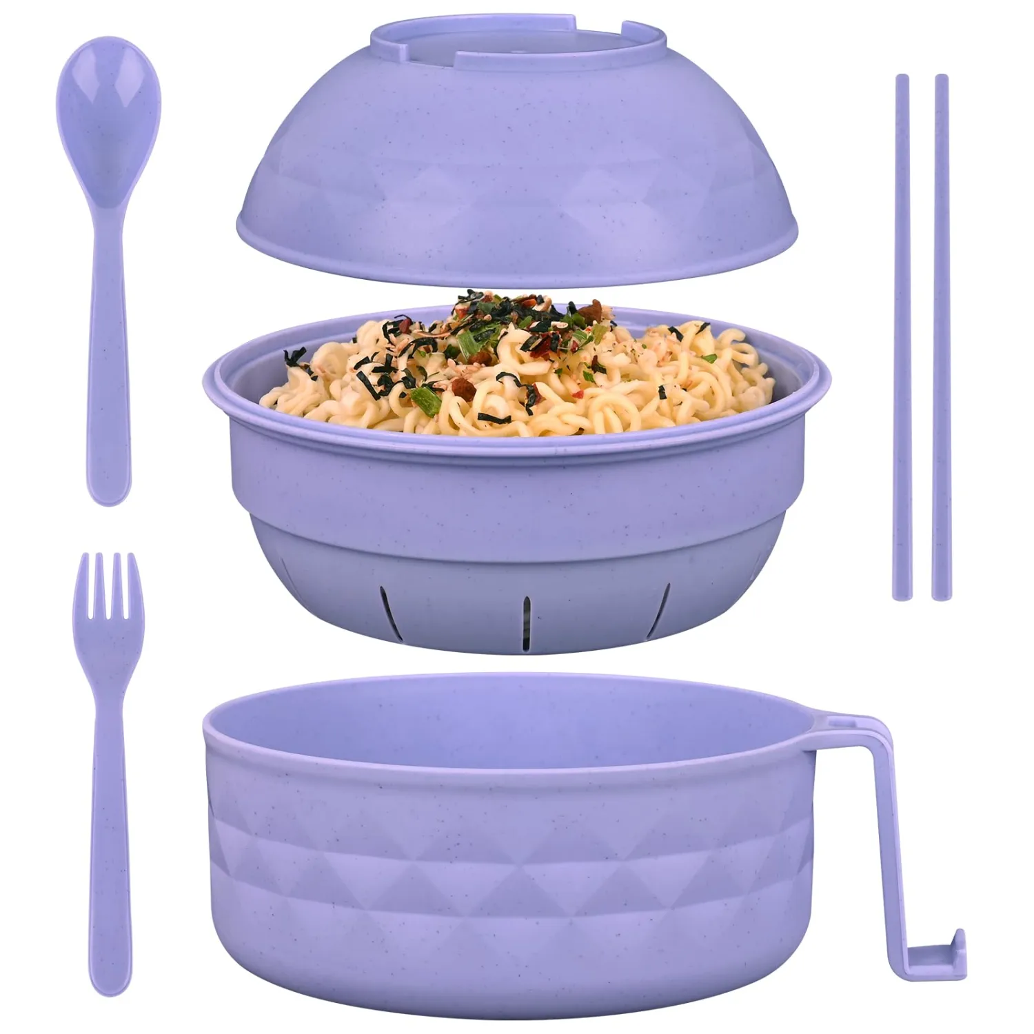 HUAKENER Microwave Ramen Bowl, 38 oz Microwave Ramen Bowl with Lid, Ramen Noodles Bowl with Spoon Chopsticks Fork (Purple)