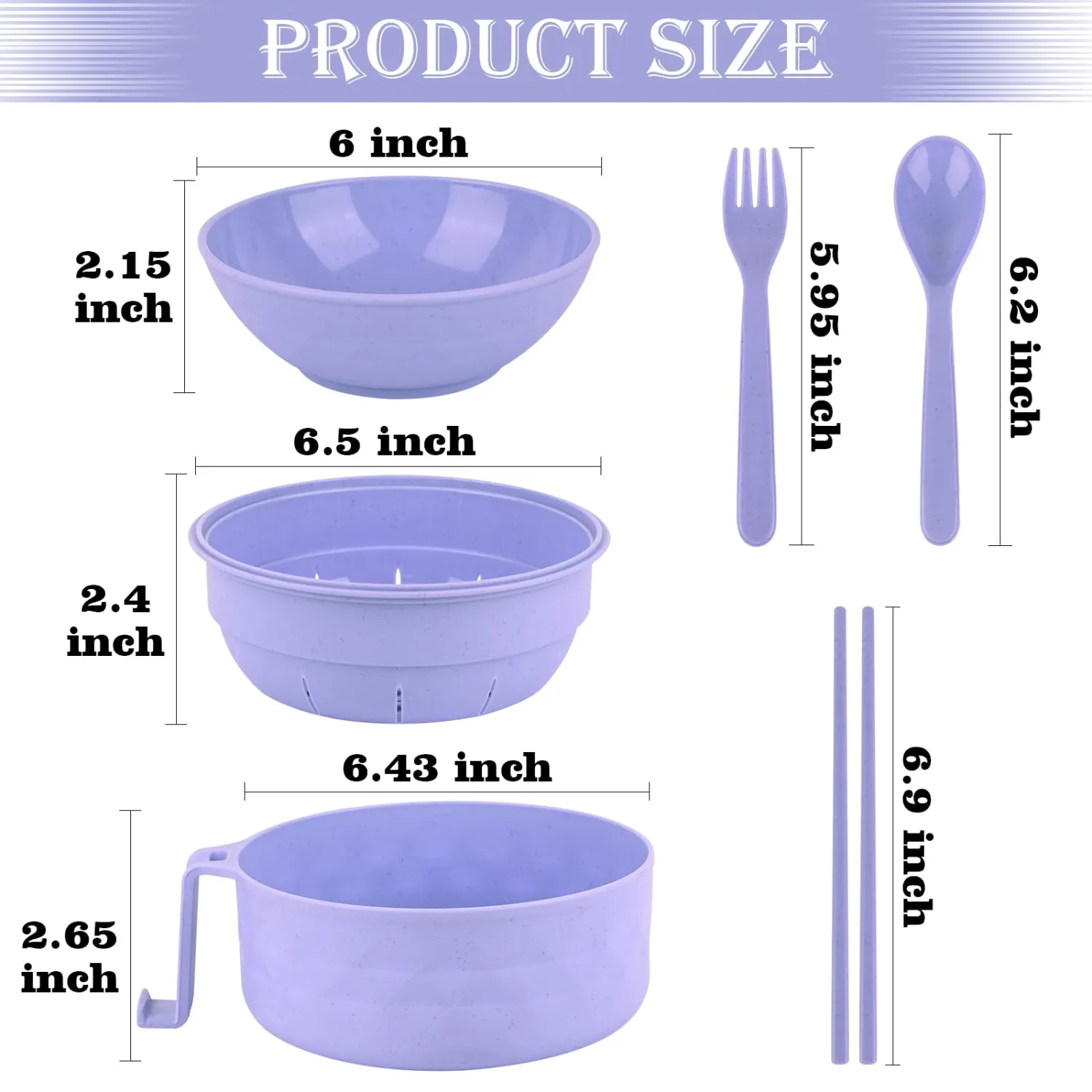 HUAKENER Microwave Ramen Bowl, 38 oz Microwave Ramen Bowl with Lid, Ramen Noodles Bowl with Spoon Chopsticks Fork (Purple)