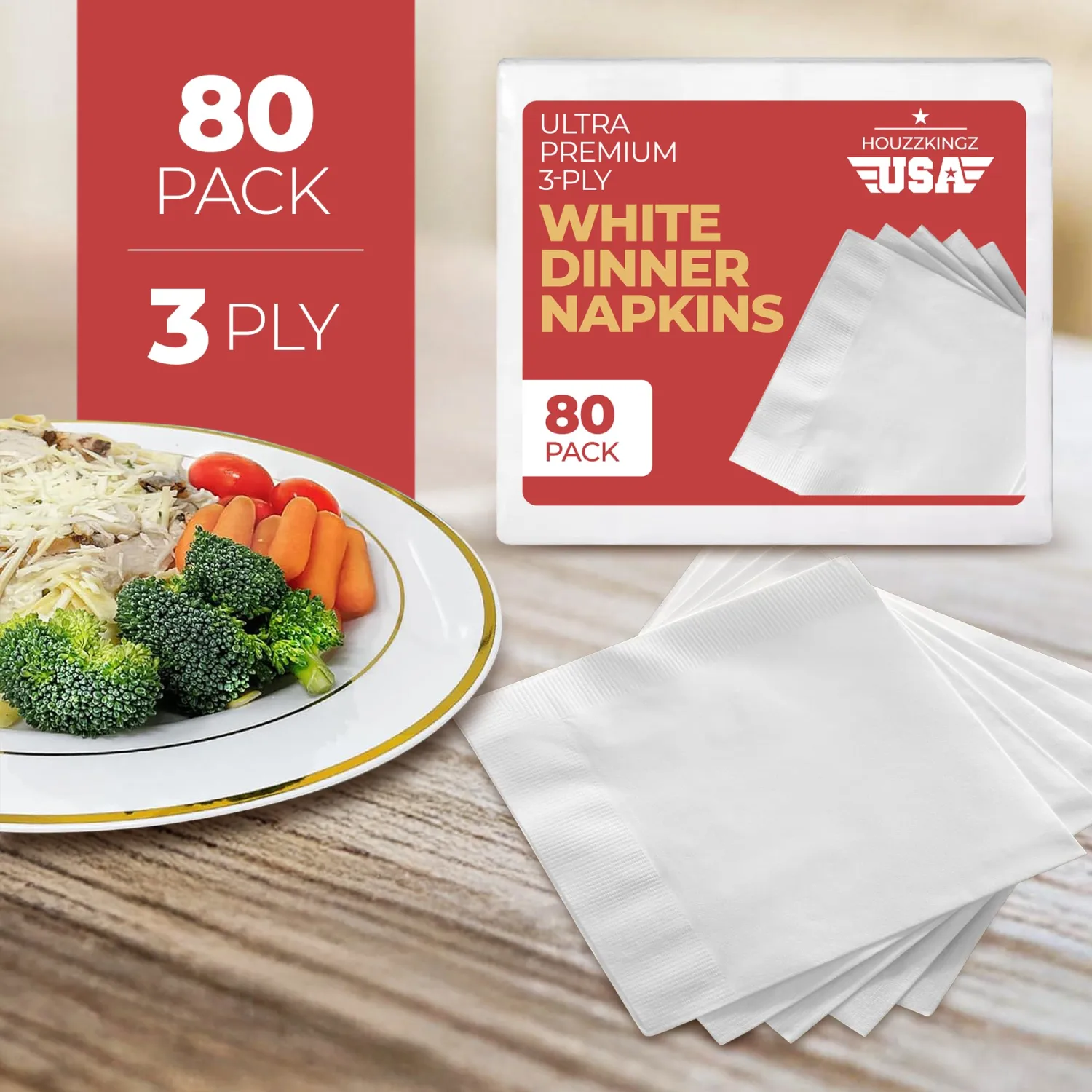 80 Premium 3-Ply White Dinner Napkins Disposable for Party Wedding Reception, Paper Decorative Linen Like Vanity Fair Napkins for Everyday Bulk - 15” X 17” Size Soft Thick Absorbent Napkin