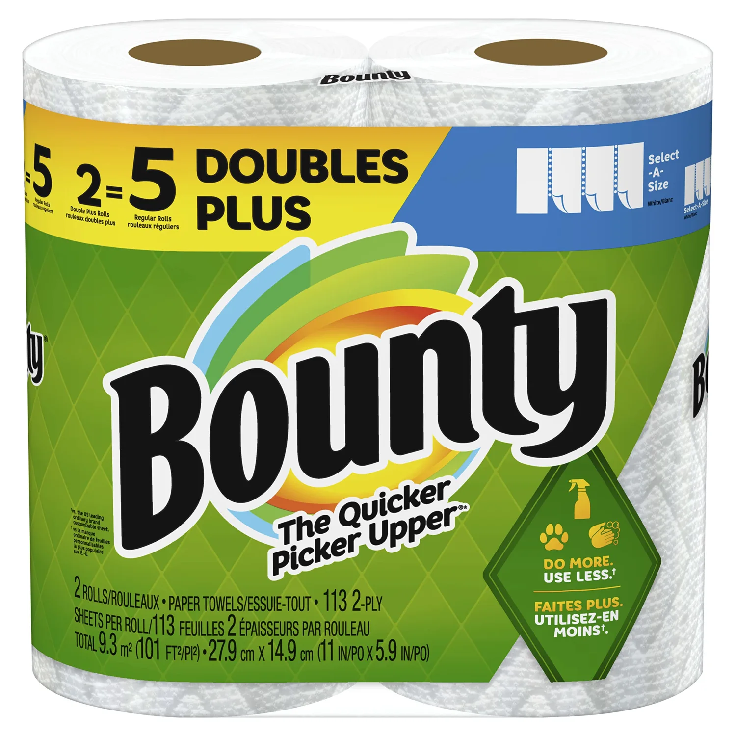 Bounty Select-A-Size Paper Towels, 2 Double Plus Rolls, White, 113 Sheets Per Roll