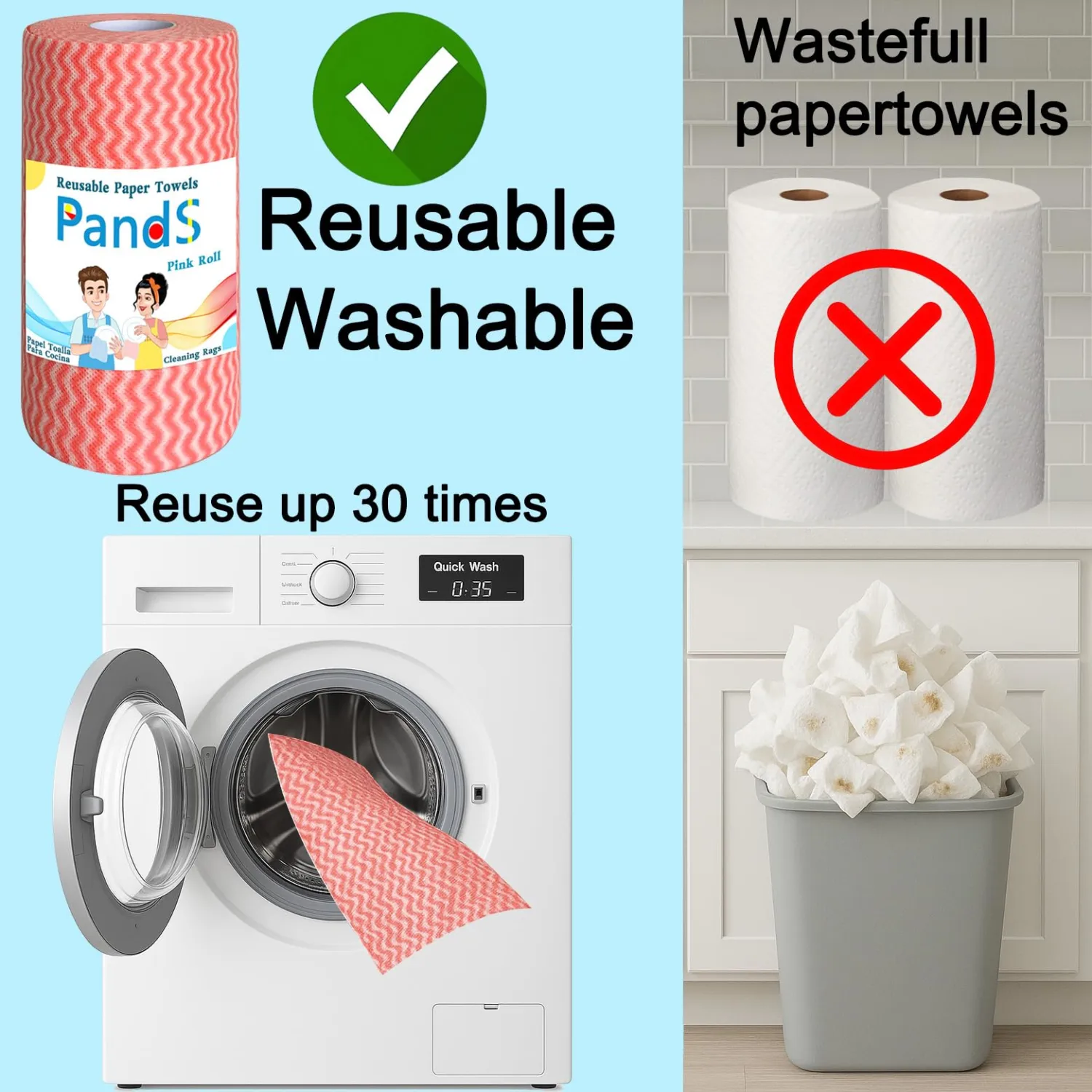 Reusable Paper Towels Washable, 60 Cts Disposable Kitchen Cloths for Cleaning Counters, Multi-Purpose, Pink Roll