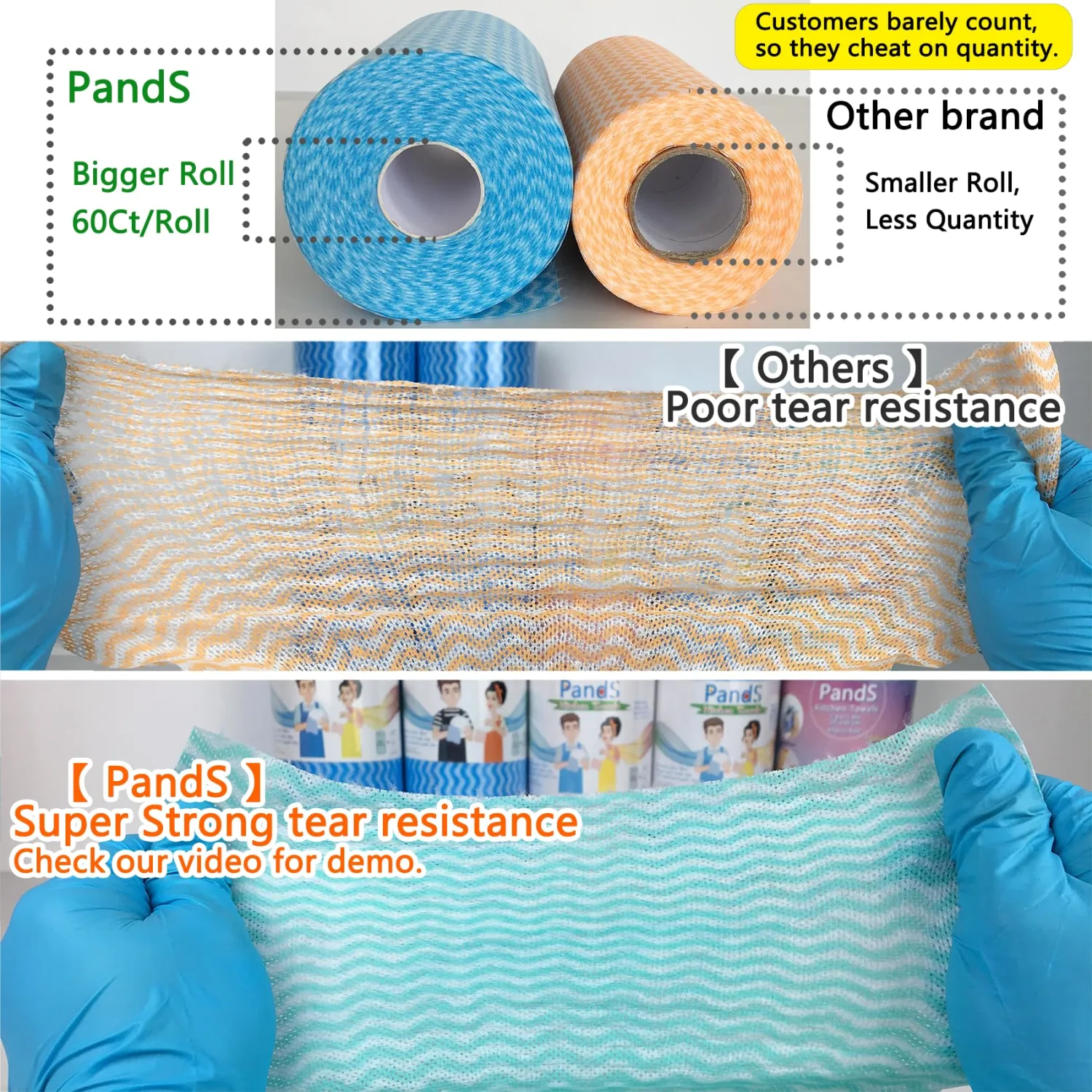 Reusable Paper Towels Washable Roll 60 Ct, Heavy Duty Odor Free, Disposable Dish Cloths, Blue
