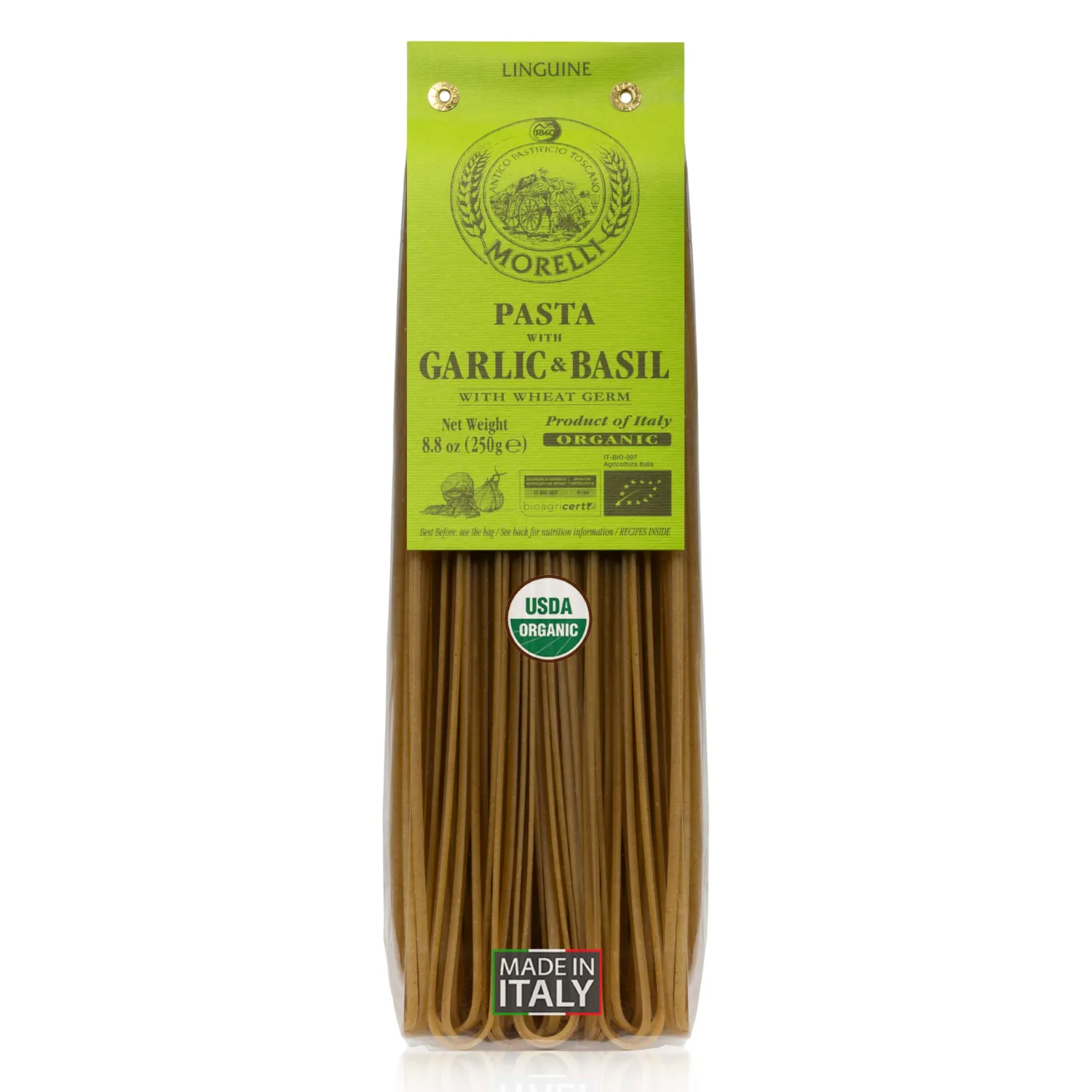 Morelli Italian Pasta Organic Garlic and Basil Linguine - Gourmet Pasta Handmade in Small Batches - Durum Wheat Semolina, Al Dente, Italian Pasta from Italy 8.8oz / 250g