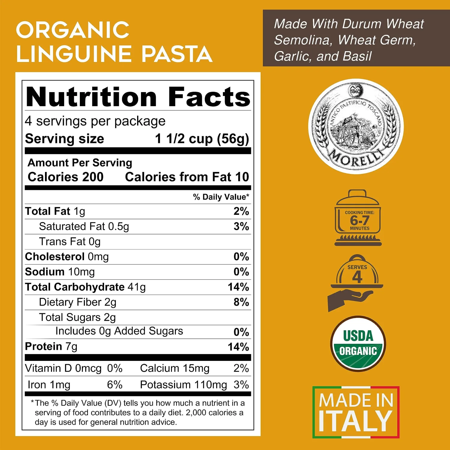 Morelli Italian Pasta Organic Garlic and Basil Linguine - Gourmet Pasta Handmade in Small Batches - Durum Wheat Semolina, Al Dente, Italian Pasta from Italy 8.8oz / 250g