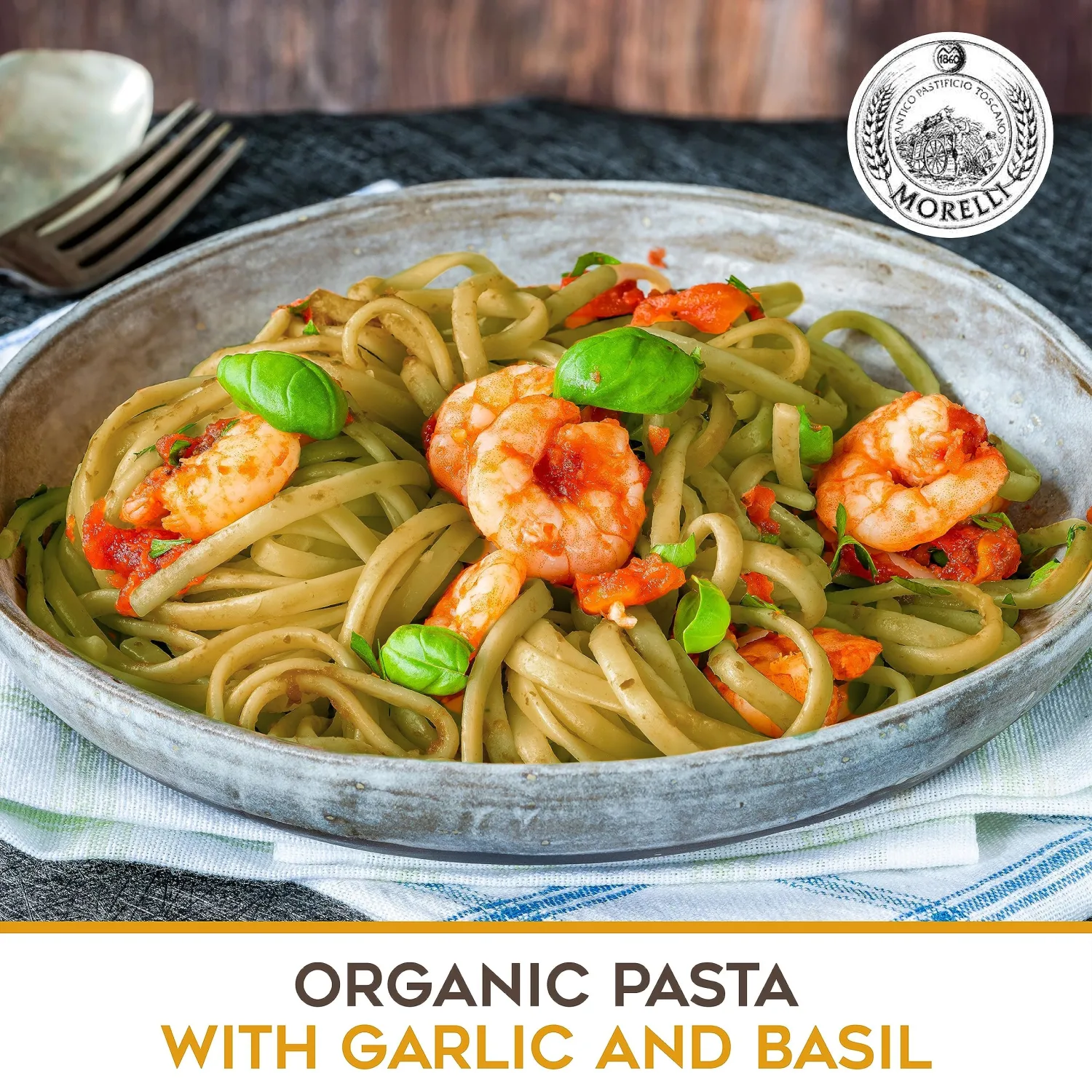 Morelli Italian Pasta Organic Garlic and Basil Linguine - Gourmet Pasta Handmade in Small Batches - Durum Wheat Semolina, Al Dente, Italian Pasta from Italy 8.8oz / 250g