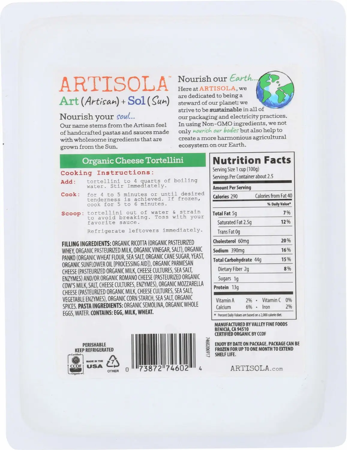 Artisola Pasta, Organic Cheese Tortellini, 8 oz