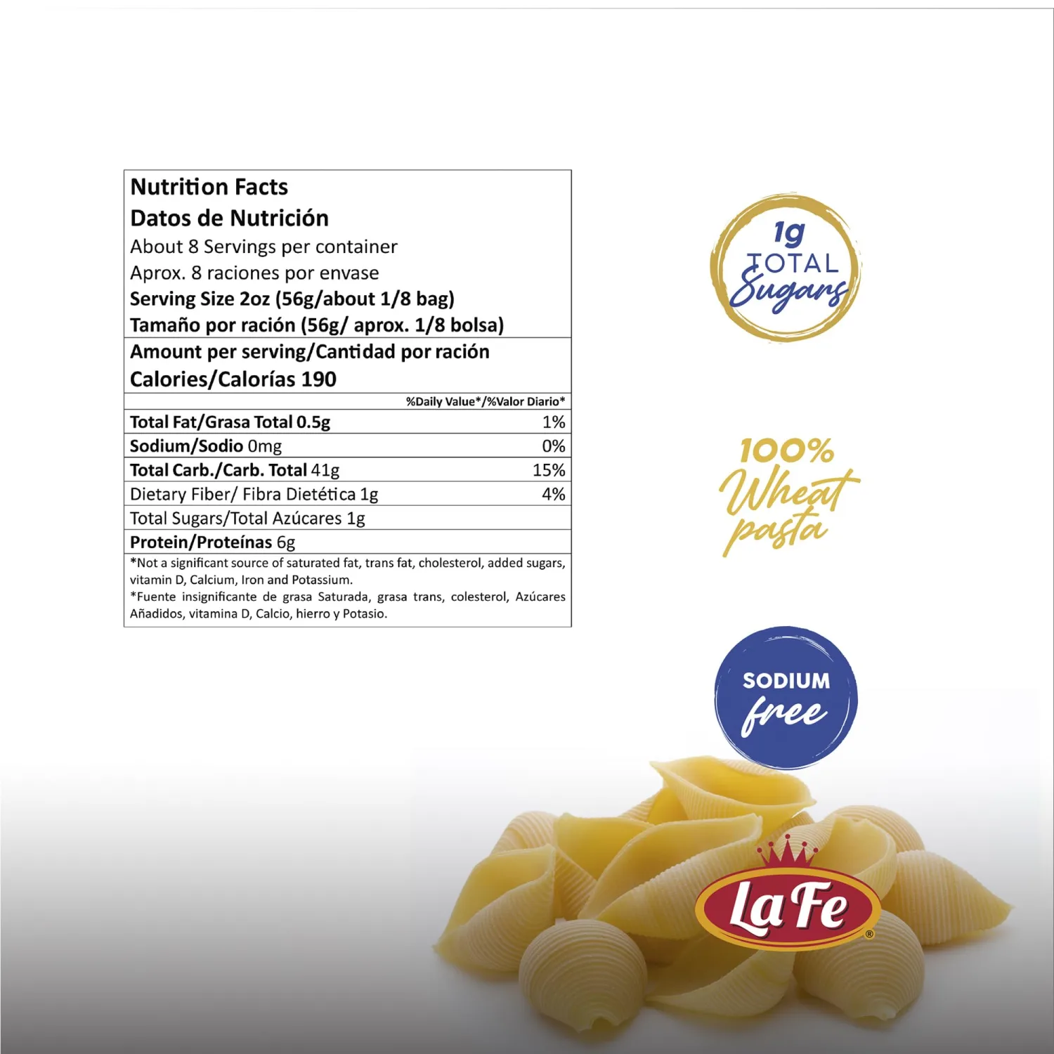 La Fe Shells Pasta 16oz - 3 Pack - Unenriched Semolina Wheat Pasta Italian Shells (Conchas) - Cholesterol & Sodium Free