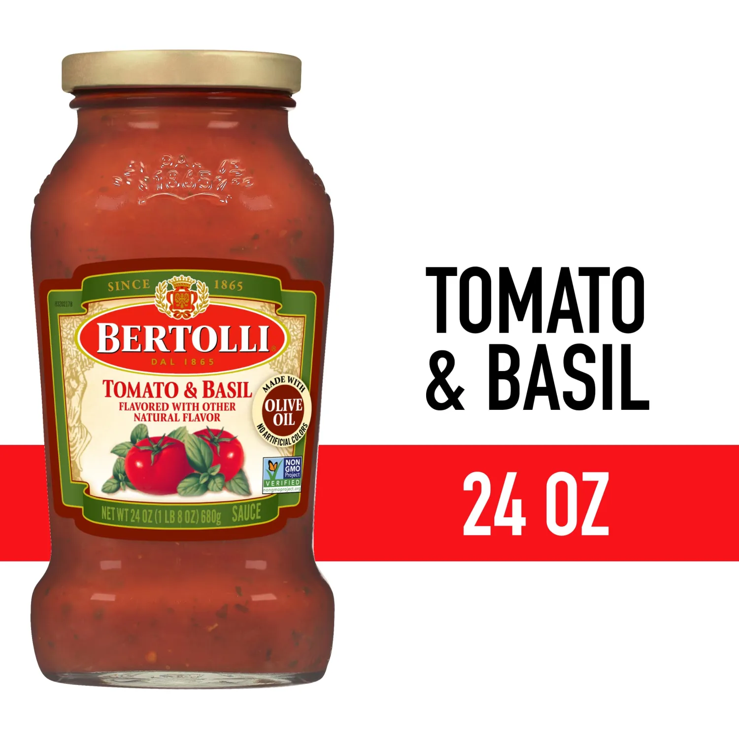 Bertolli Tomato and Basil Sauce, Authentic Tuscan Style Pasta Sauce Made with Vine-Ripened Tomatoes, Summer-Leaf Basil and Olive Oil, 24 OZ