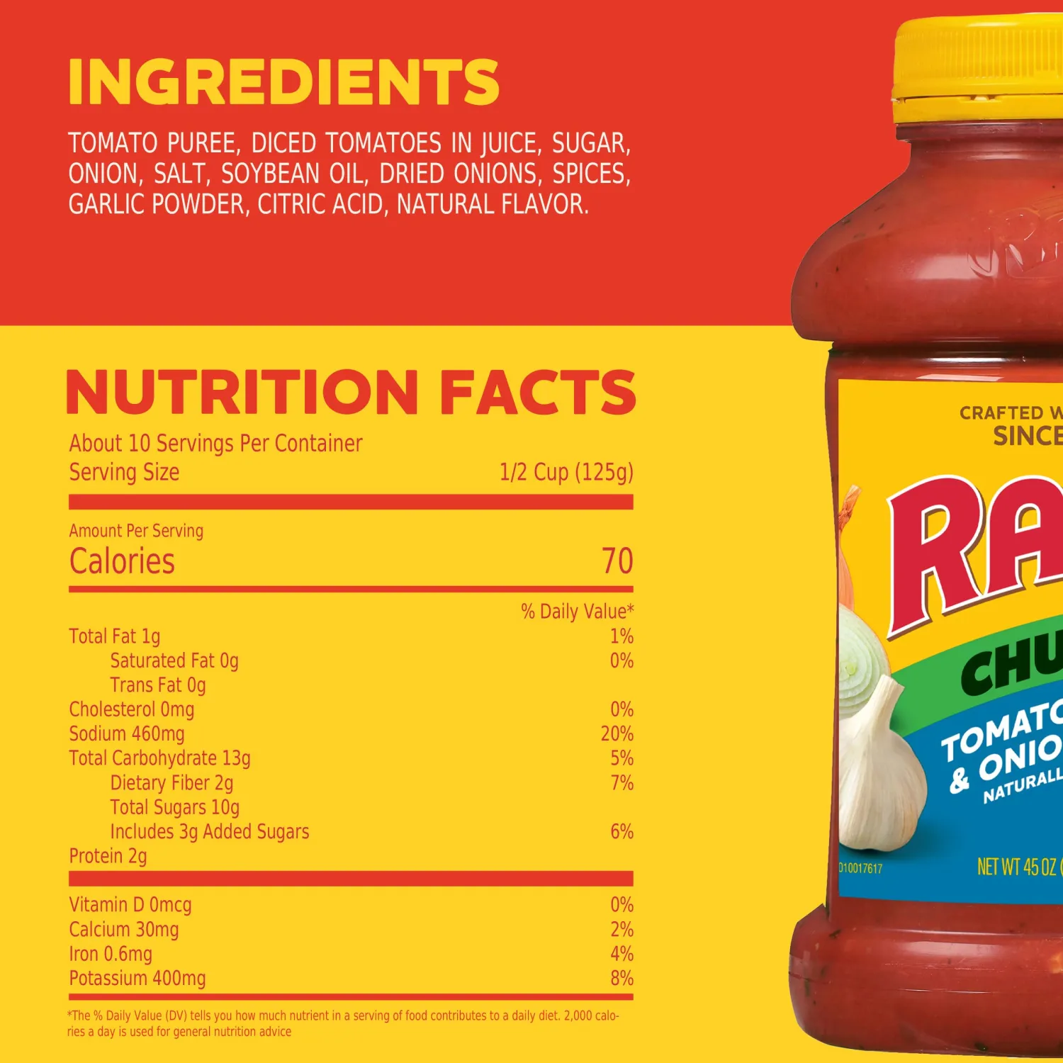 Ragu Chunky Tomato, Garlic and Onion Pasta Sauce, Made with Olive Oil, Diced Tomatoes, Delicious Garlic and Onions, and Italian Herbs and Spices, 45 OZ