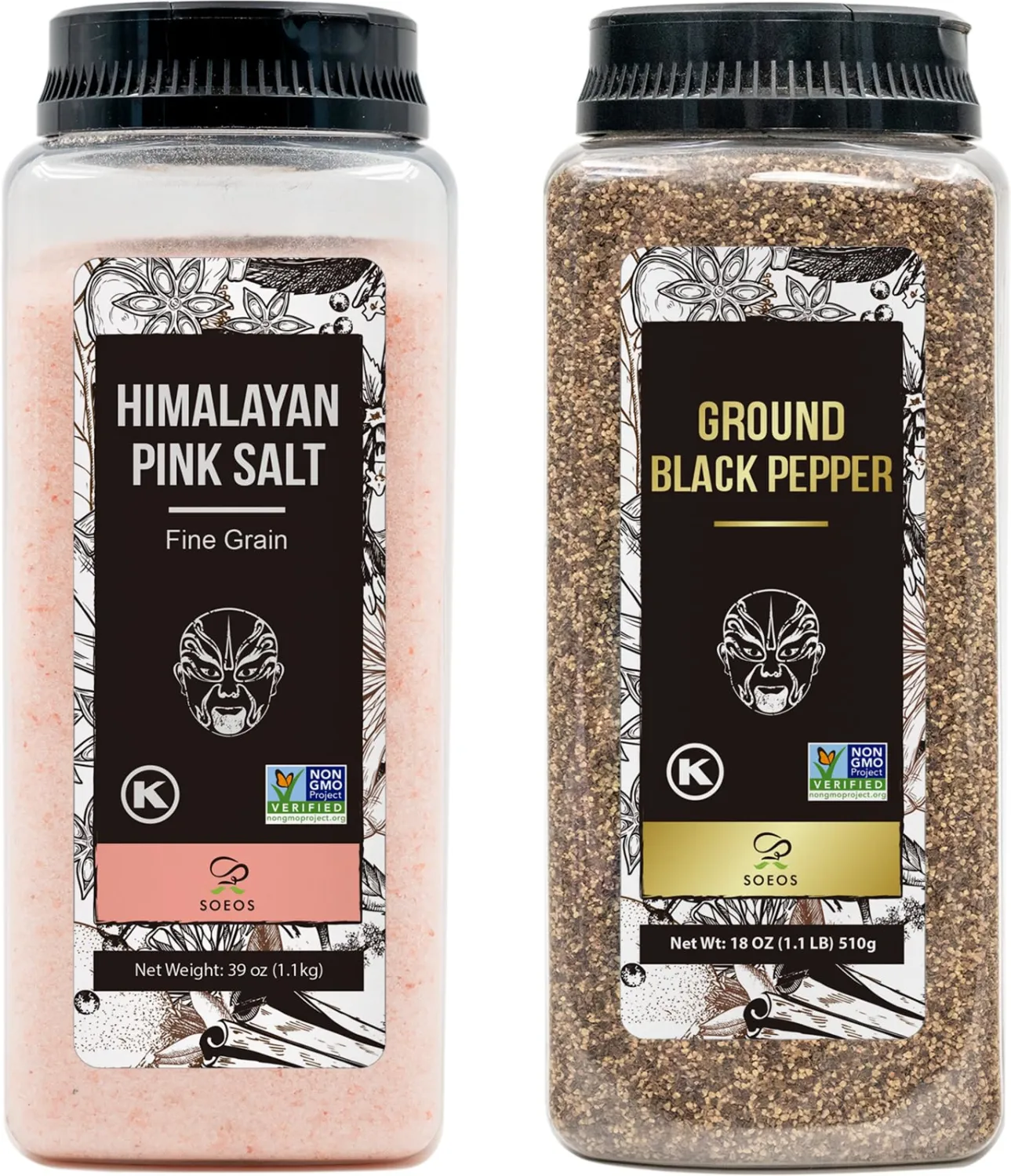 Soeos Himalayan Pink Salt Fine 39 oz + Ground Black Peppercorns 18 oz,Salt and Pepper for Grinder Refill