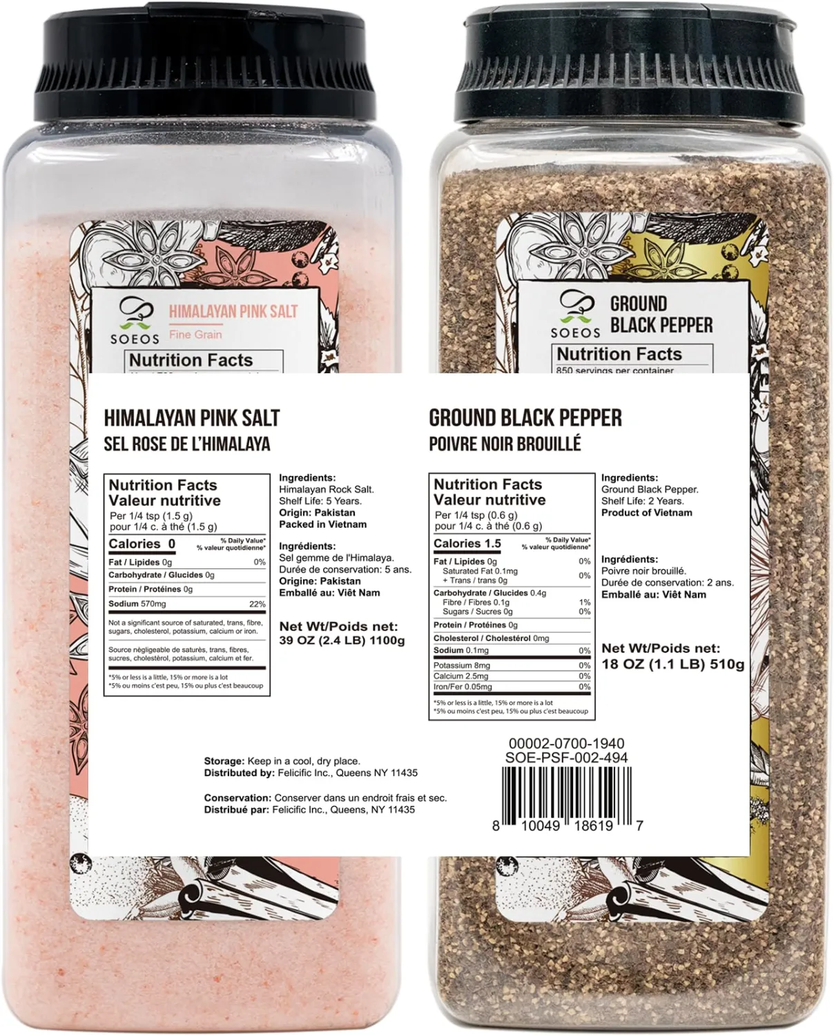 Soeos Himalayan Pink Salt Fine 39 oz + Ground Black Peppercorns 18 oz,Salt and Pepper for Grinder Refill