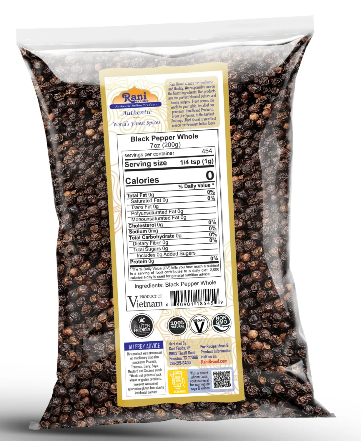 Rani Black Pepper Whole (Peppercorns), Premium MG-1 Grade 7oz (200g) ~ All Natural | Gluten Friendly | Non-GMO | Kosher | Product of Vietnam | Perfect size for Grinders!