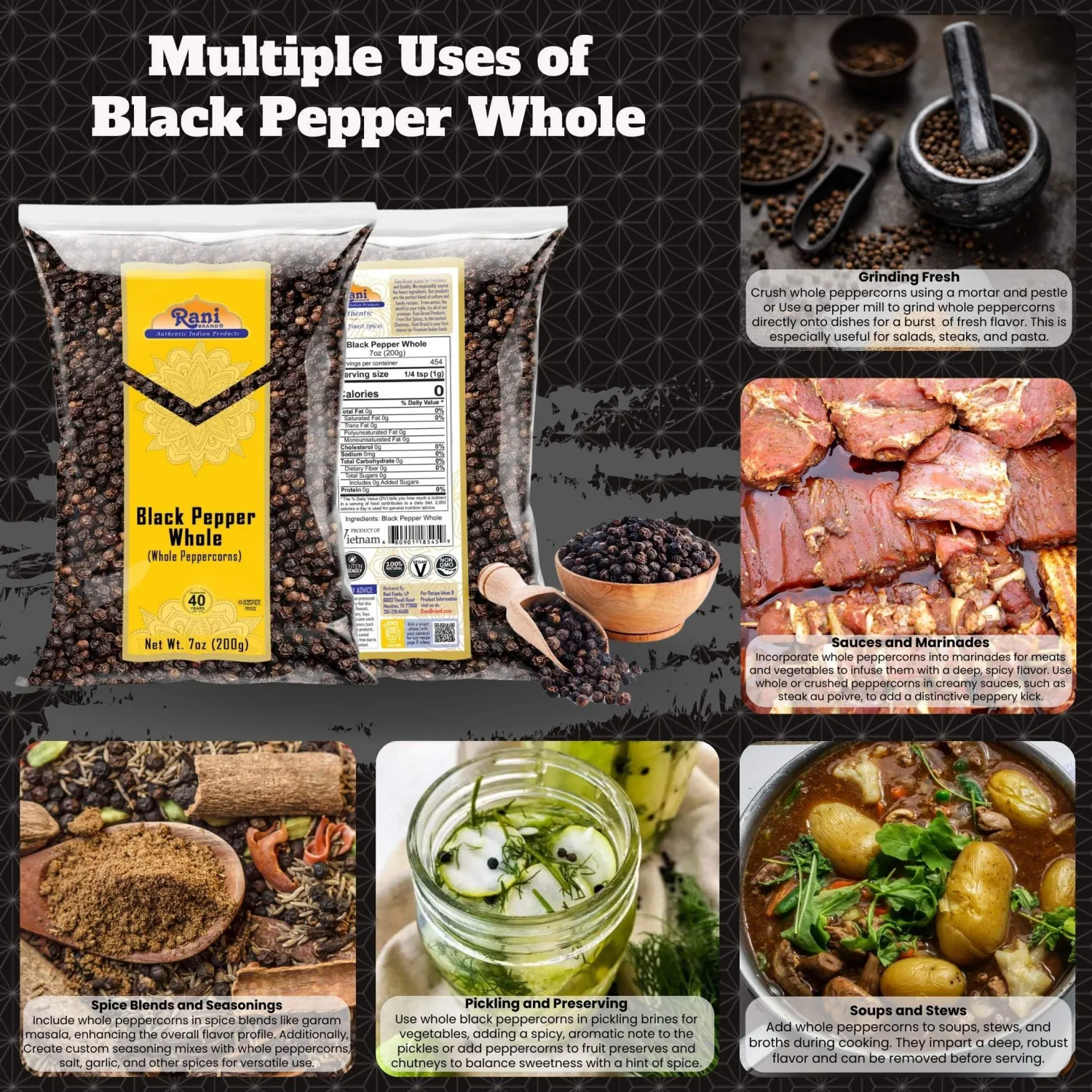 Rani Black Pepper Whole (Peppercorns), Premium MG-1 Grade 7oz (200g) ~ All Natural | Gluten Friendly | Non-GMO | Kosher | Product of Vietnam | Perfect size for Grinders!