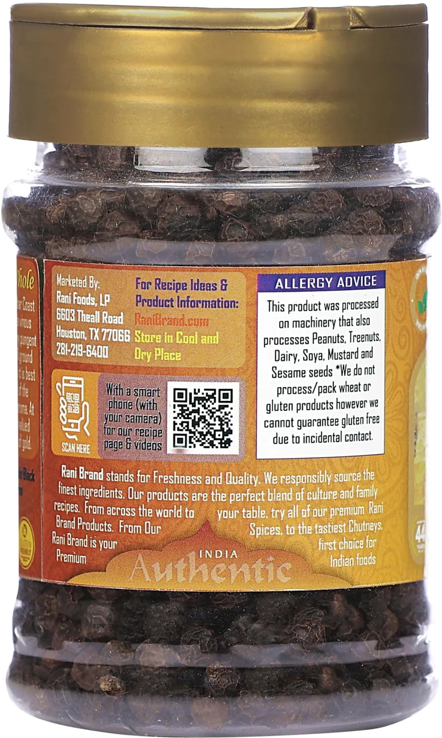 Rani Black Pepper Whole (Peppercorns), Premium MG-1 Grade 3oz (85g) PET Jar ~ All Natural | Gluten Friendly | Non-GMO | Kosher | Product of Vietnam | Perfect size for Grinders!