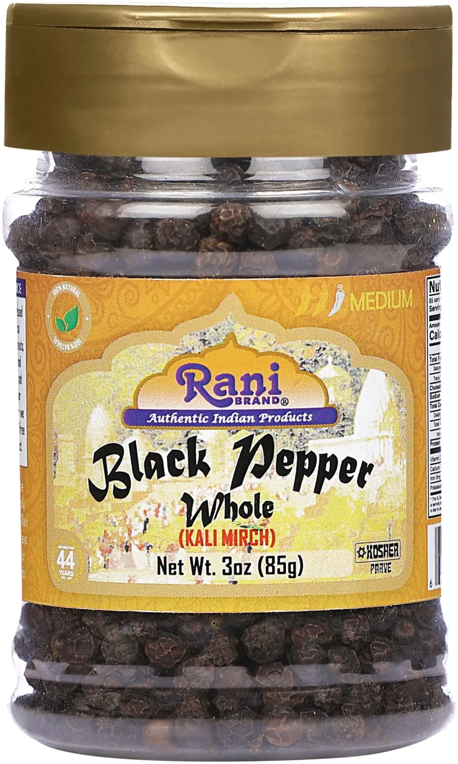 Rani Black Pepper Whole (Peppercorns), Premium MG-1 Grade 3oz (85g) PET Jar ~ All Natural | Gluten Friendly | Non-GMO | Kosher | Product of Vietnam | Perfect size for Grinders!
