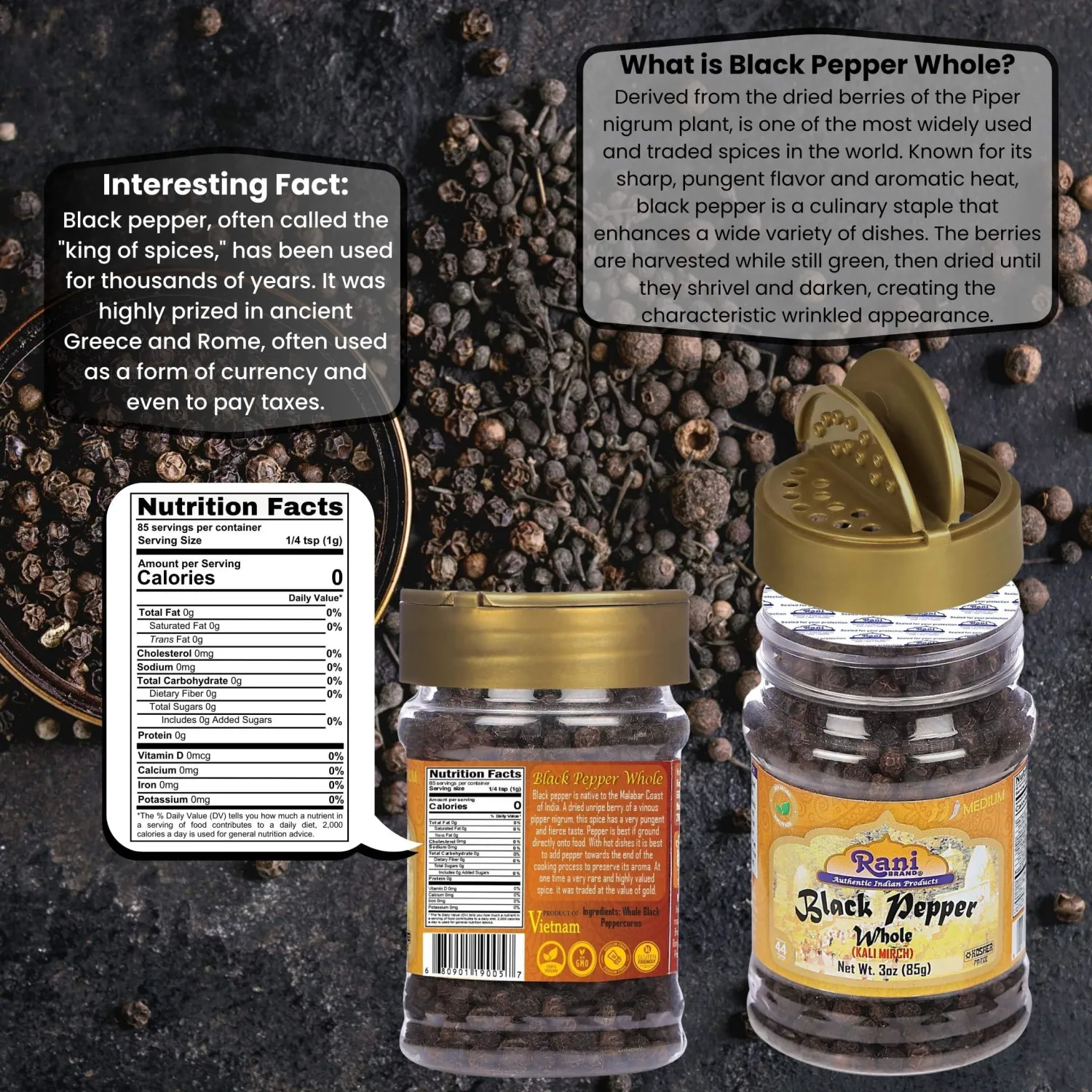 Rani Black Pepper Whole (Peppercorns), Premium MG-1 Grade 3oz (85g) PET Jar ~ All Natural | Gluten Friendly | Non-GMO | Kosher | Product of Vietnam | Perfect size for Grinders!