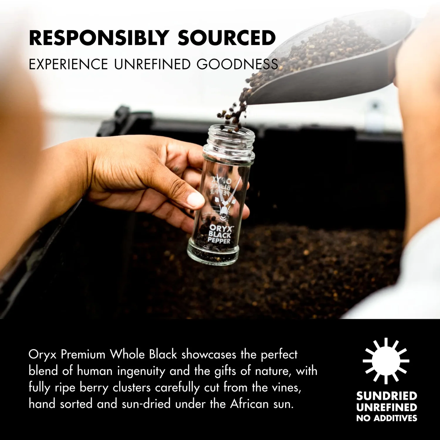 Oryx Black Pepper Grinder - 1.26oz - Manual Refillable Grinder with Premium Whole Black Peppercorns from Madagascar - Perfect for Home Cooking & Gourmet Meals - refillable reusable +20x grinder head