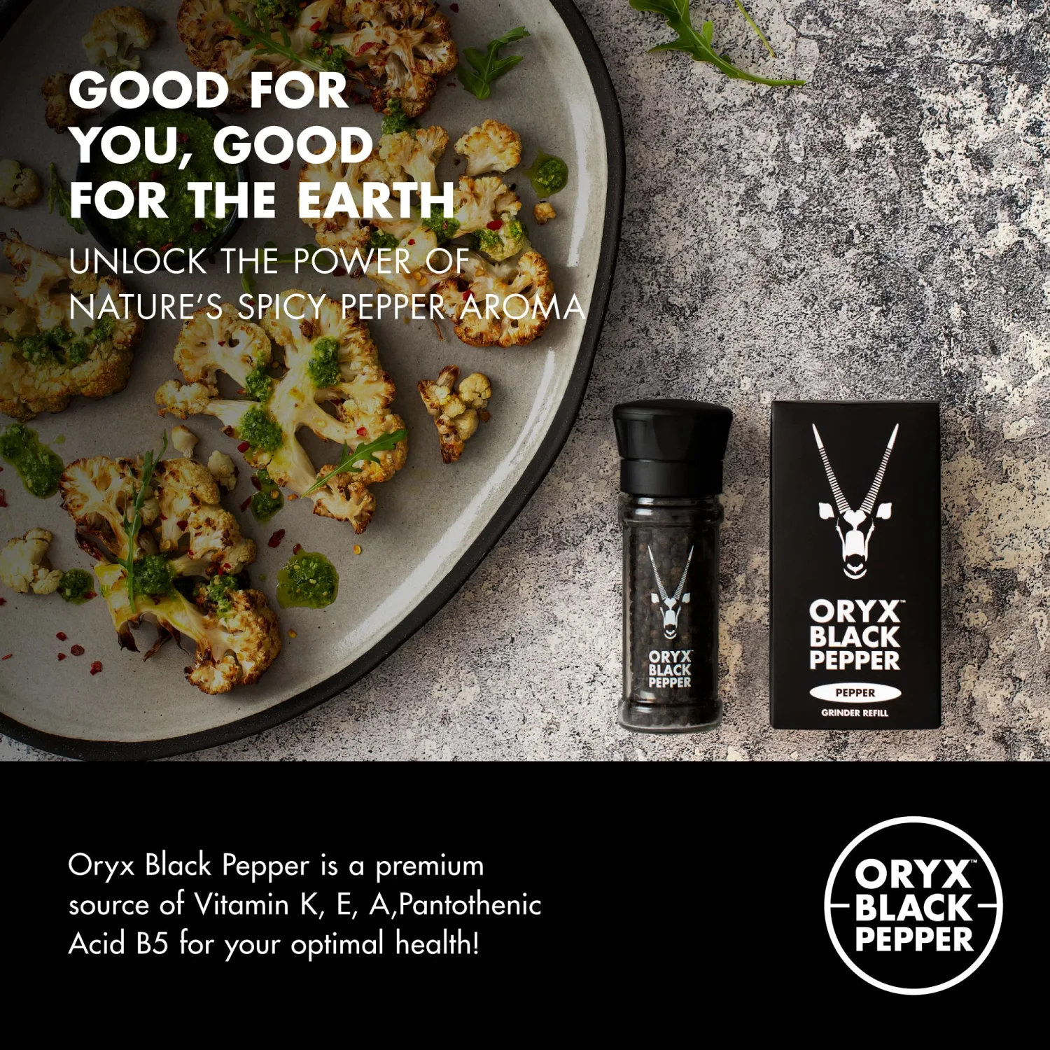 Oryx Black Pepper Grinder - 1.26oz - Manual Refillable Grinder with Premium Whole Black Peppercorns from Madagascar - Perfect for Home Cooking & Gourmet Meals - refillable reusable +20x grinder head