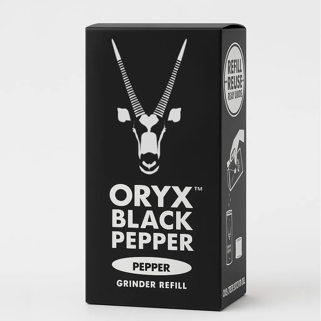Oryx Black Pepper Refill Box - 3.52oz - Premium Whole Black Peppercorns from Madagascar, refillable +20x Oryx Pepper Grinder - Perfect Spice - Authentic Naturally Organic Spices Experience