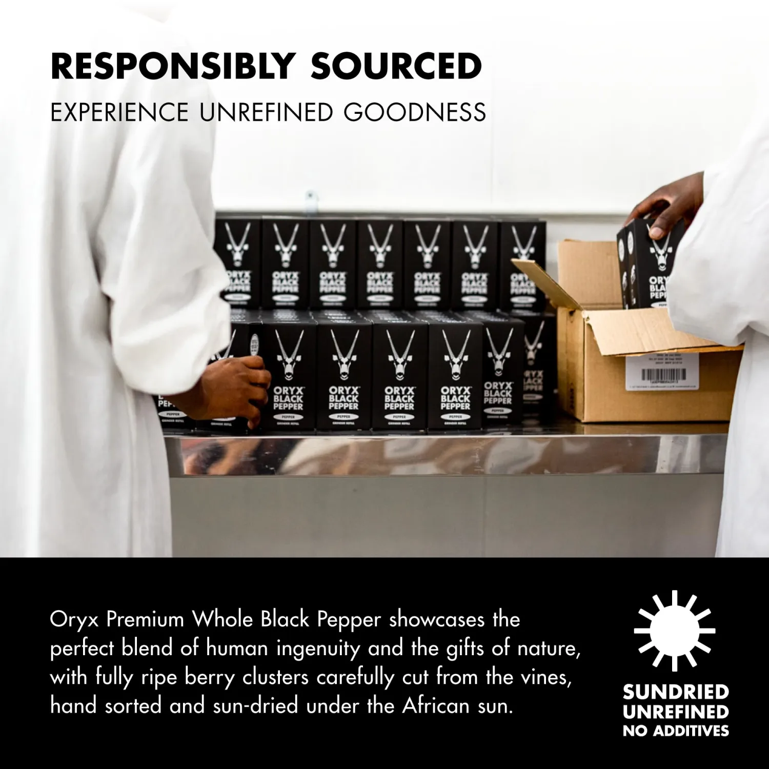 Oryx Black Pepper Refill Box - 3.52oz - Premium Whole Black Peppercorns from Madagascar, refillable +20x Oryx Pepper Grinder - Perfect Spice - Authentic Naturally Organic Spices Experience