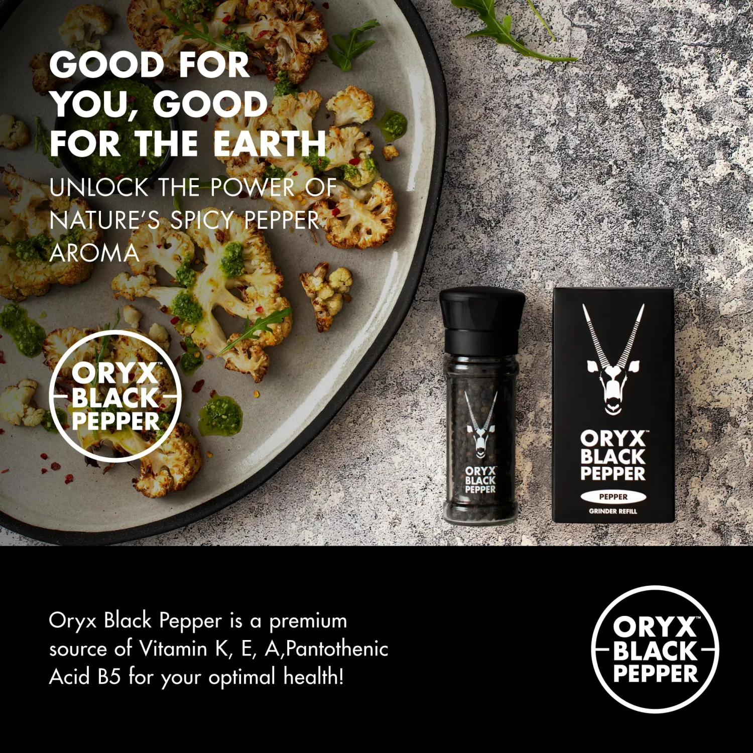 Oryx Black Pepper Refill Box - 3.52oz - Premium Whole Black Peppercorns from Madagascar, refillable +20x Oryx Pepper Grinder - Perfect Spice - Authentic Naturally Organic Spices Experience