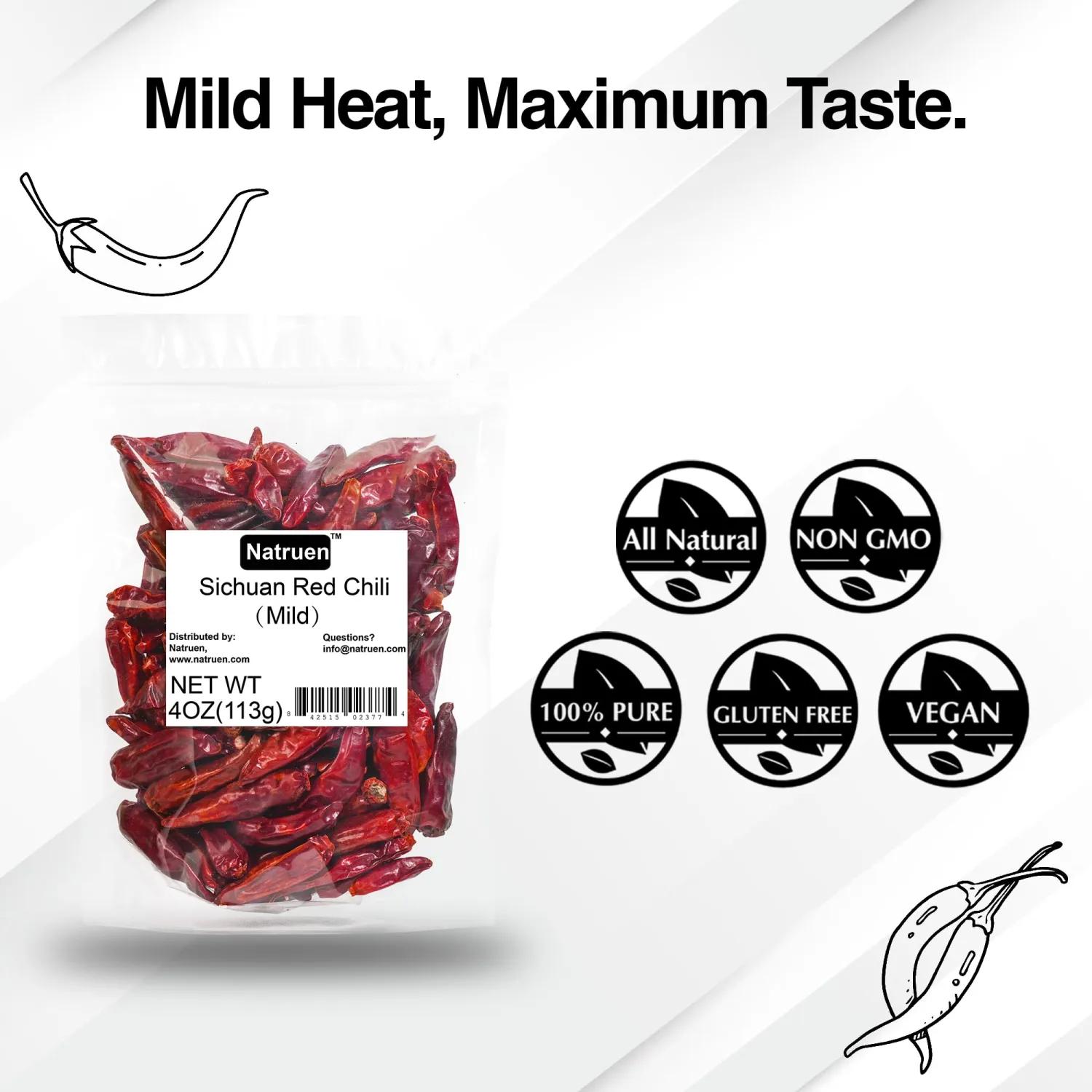Natruen Whole Dry Szechuan Chinese Red Chili Pods 4 Oz, Mild, Facing Heaven Chili, Spicy Sichuan Dried Red Hot Chilies for Chili Oil, Paste, and Sauce