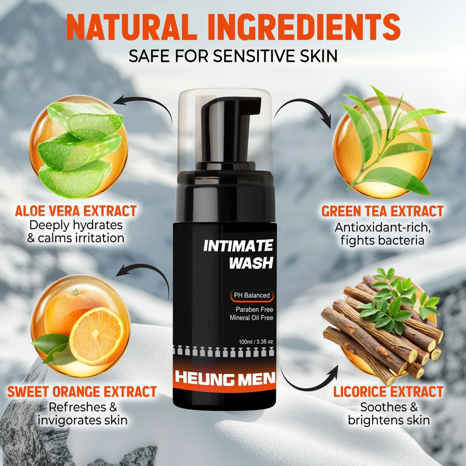 Intimate Wash with Green Tea & Orange Oil | pH-Balanced Foaming Cleanser | Fights Odor, Itching & Irritation | Daily Hygiene Care 3.38 fl oz | Perfect for Celebrations