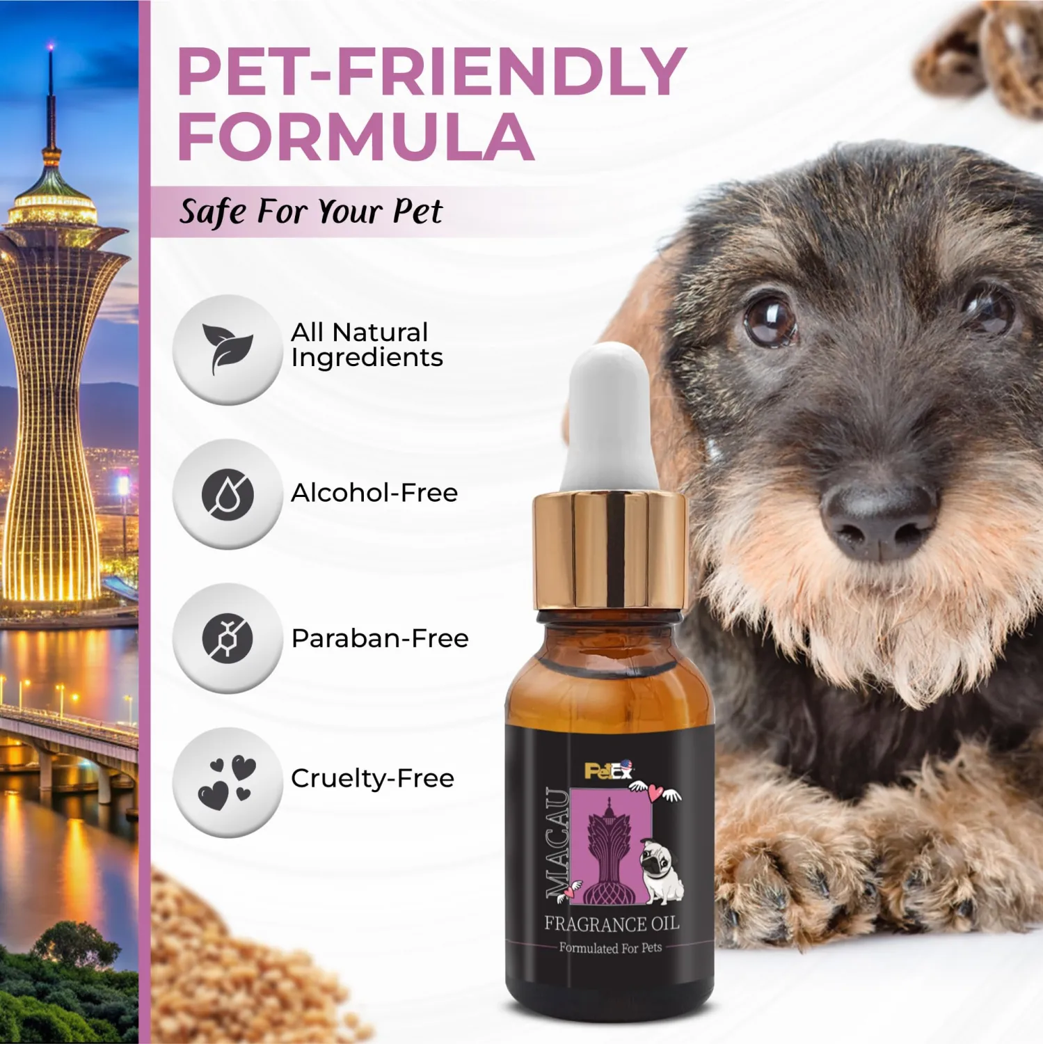 Petex Premium Pet Fragrance Oil | Ultra Premium Natural Pet Care with Dead Sea Minerals | Dog Perfume Fragrance Oil Long Lasting Scent | Natural Pet Cologne - Suitable for Dogs and Cats (Macau)