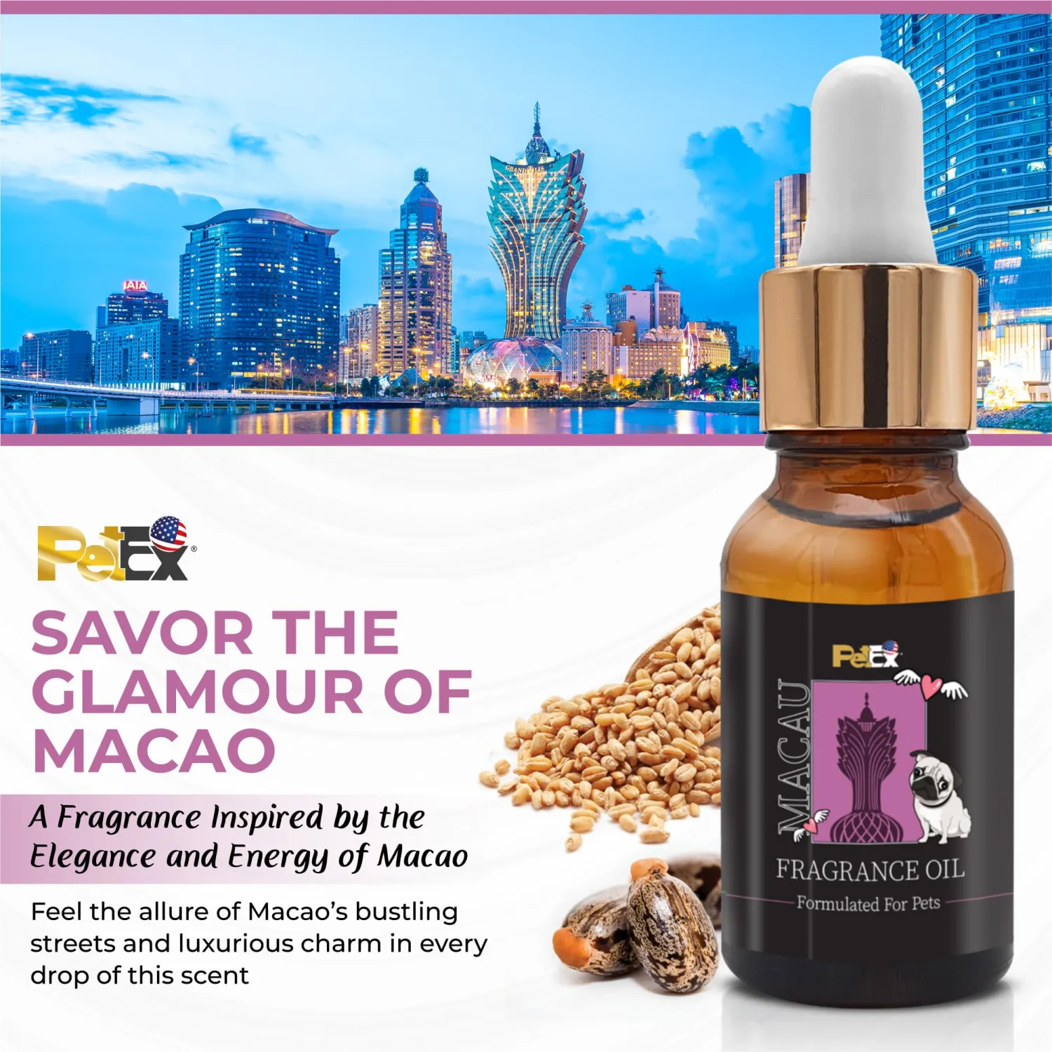 Petex Premium Pet Fragrance Oil | Ultra Premium Natural Pet Care with Dead Sea Minerals | Dog Perfume Fragrance Oil Long Lasting Scent | Natural Pet Cologne - Suitable for Dogs and Cats (Macau)