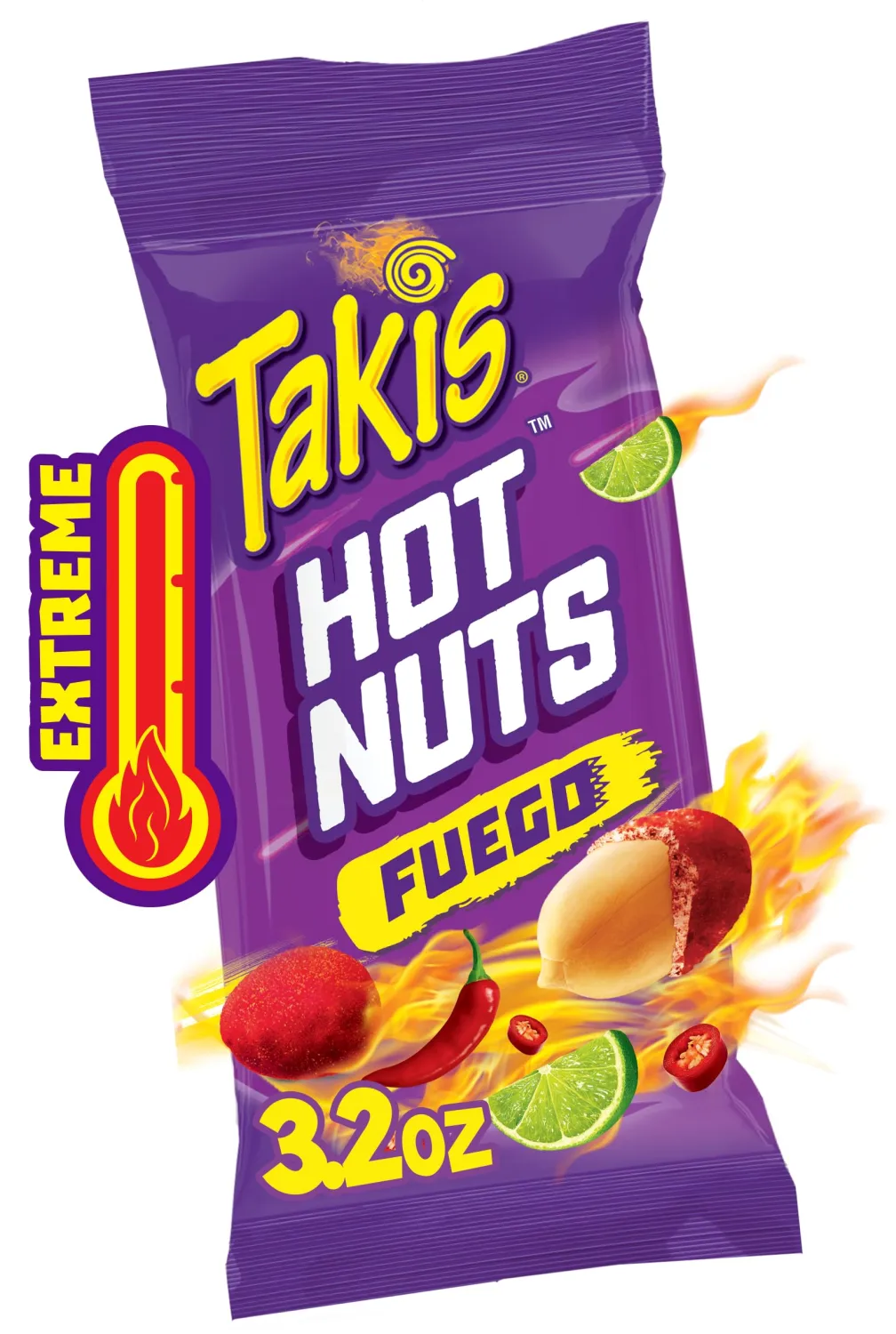 Takis Hot Nuts Fuego Double Crunch Peanuts, Hot Chili Pepper and Lime Artificially Flavored Peanuts, 3.2 Ounce Bag