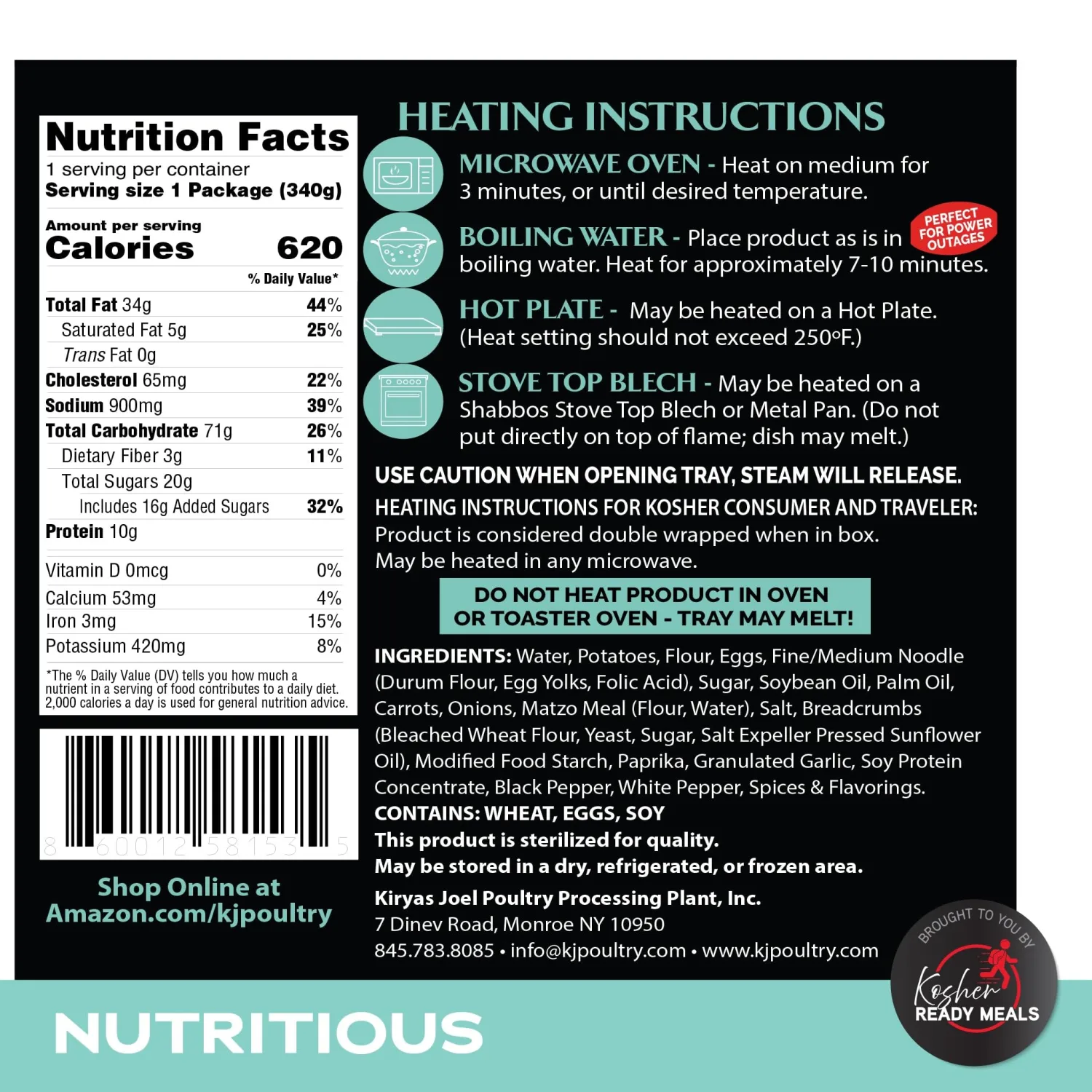 KJ Poultry Kosher Parve Ready Meals - Kugel Medley MRE Meals Ready to Eat, Halal, (1 Pack) Prepared Entree Fully Cooked, Shelf Stable Microwave Dinner Travel, Military, Camping, Emergency Survival