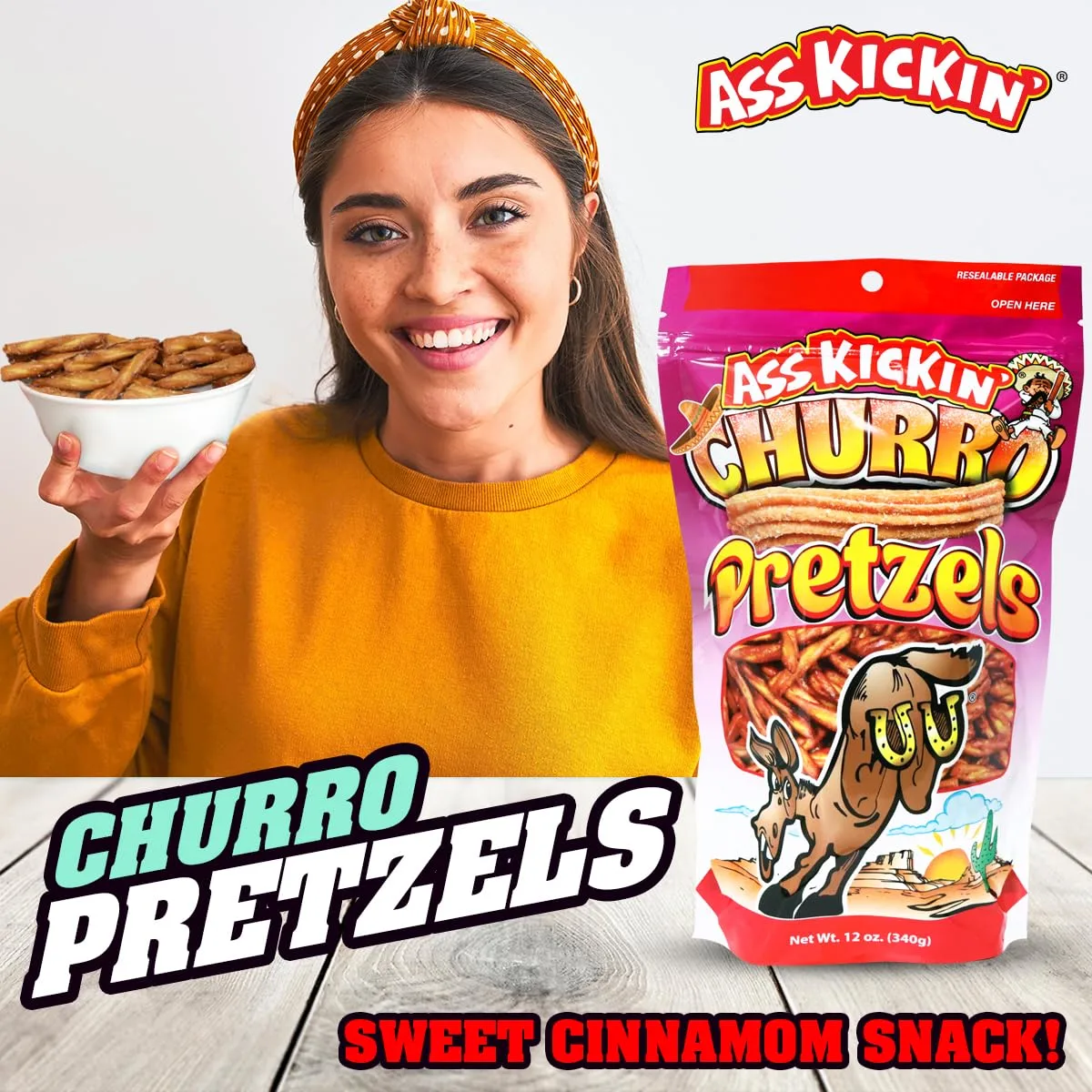 ASS KICKIN’ Pretzels 12 Ounce Size Flavor Pack Seasoned Pretzel Twists (12oz, Churro)