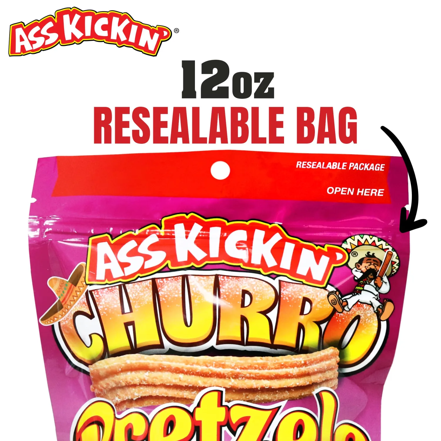 ASS KICKIN’ Pretzels 12 Ounce Size Flavor Pack Seasoned Pretzel Twists (12oz, Churro)