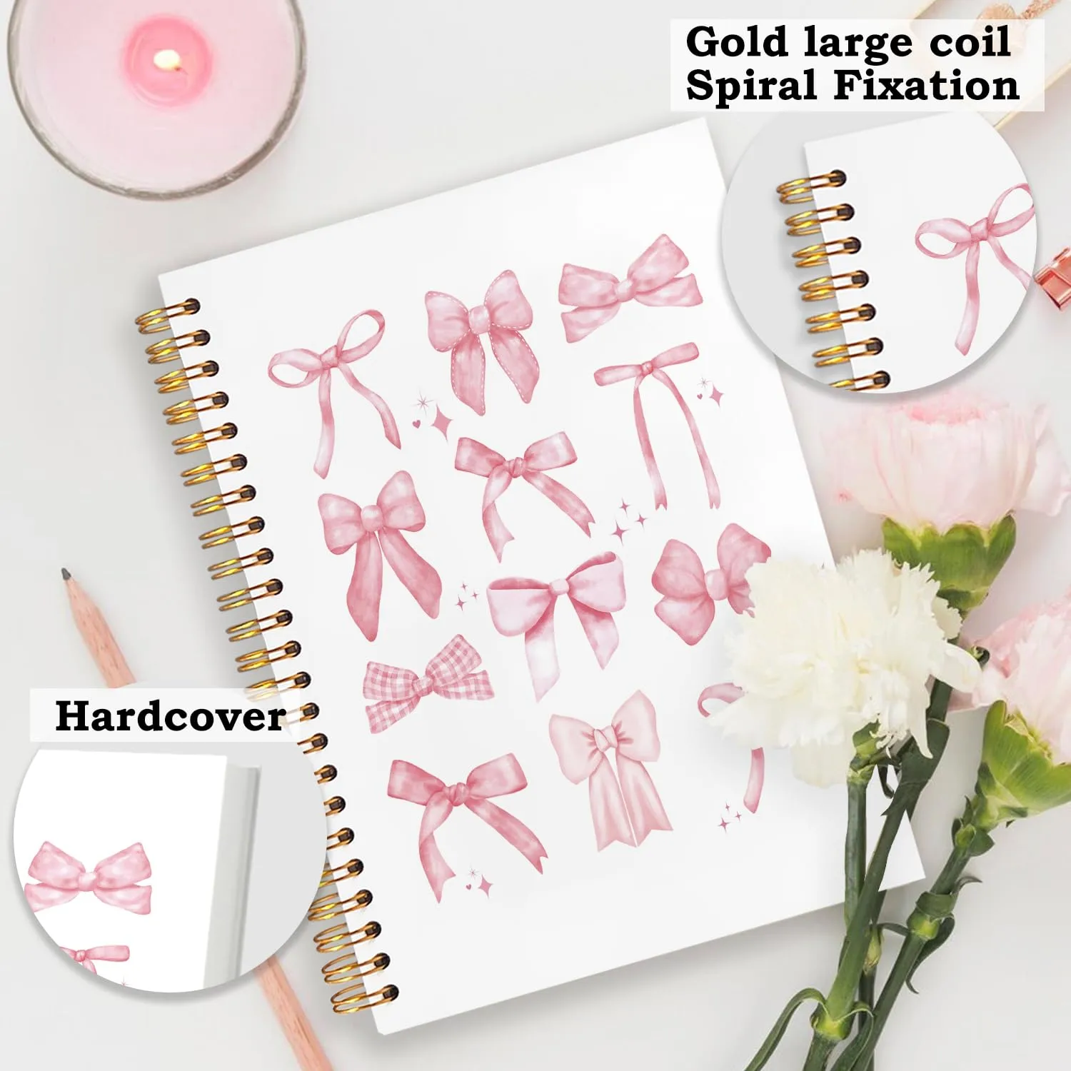 SNNDER Coquette Pink Bow Notebook, Girly Preppy Bow Journal, Aesthetic Notebook Journal for Women, Coquette Girly Office Supplies, Preppy Pink Hardcover Spiral Notebooks 5.5x8.3 Inch