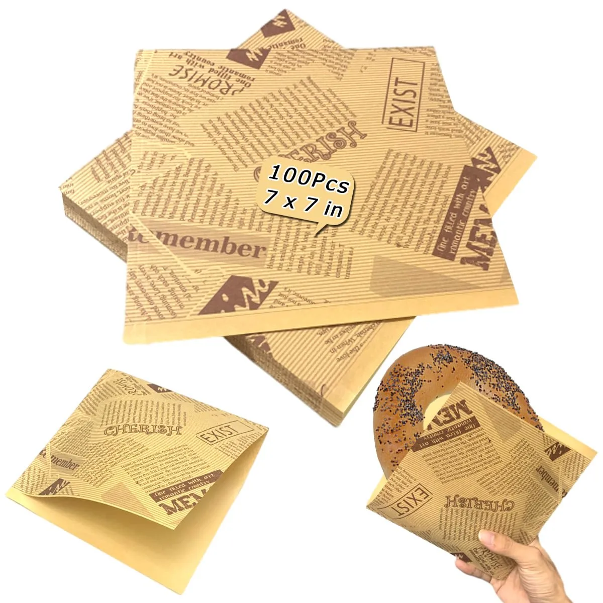Soft Pretzel Bags 7"x7" Double Open Sandwich Bags 100Pcs, Grease-proof Parchment Paper Bags Newspaper Style Sandwich Wrappers for Cookie Snack Deli Bakery Family Daily Wrap