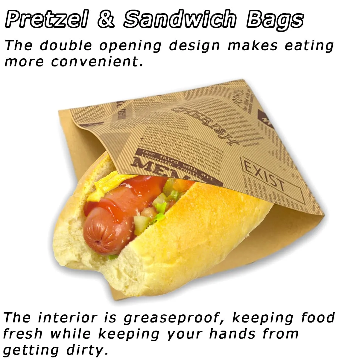 Soft Pretzel Bags 7"x7" Double Open Sandwich Bags 100Pcs, Grease-proof Parchment Paper Bags Newspaper Style Sandwich Wrappers for Cookie Snack Deli Bakery Family Daily Wrap