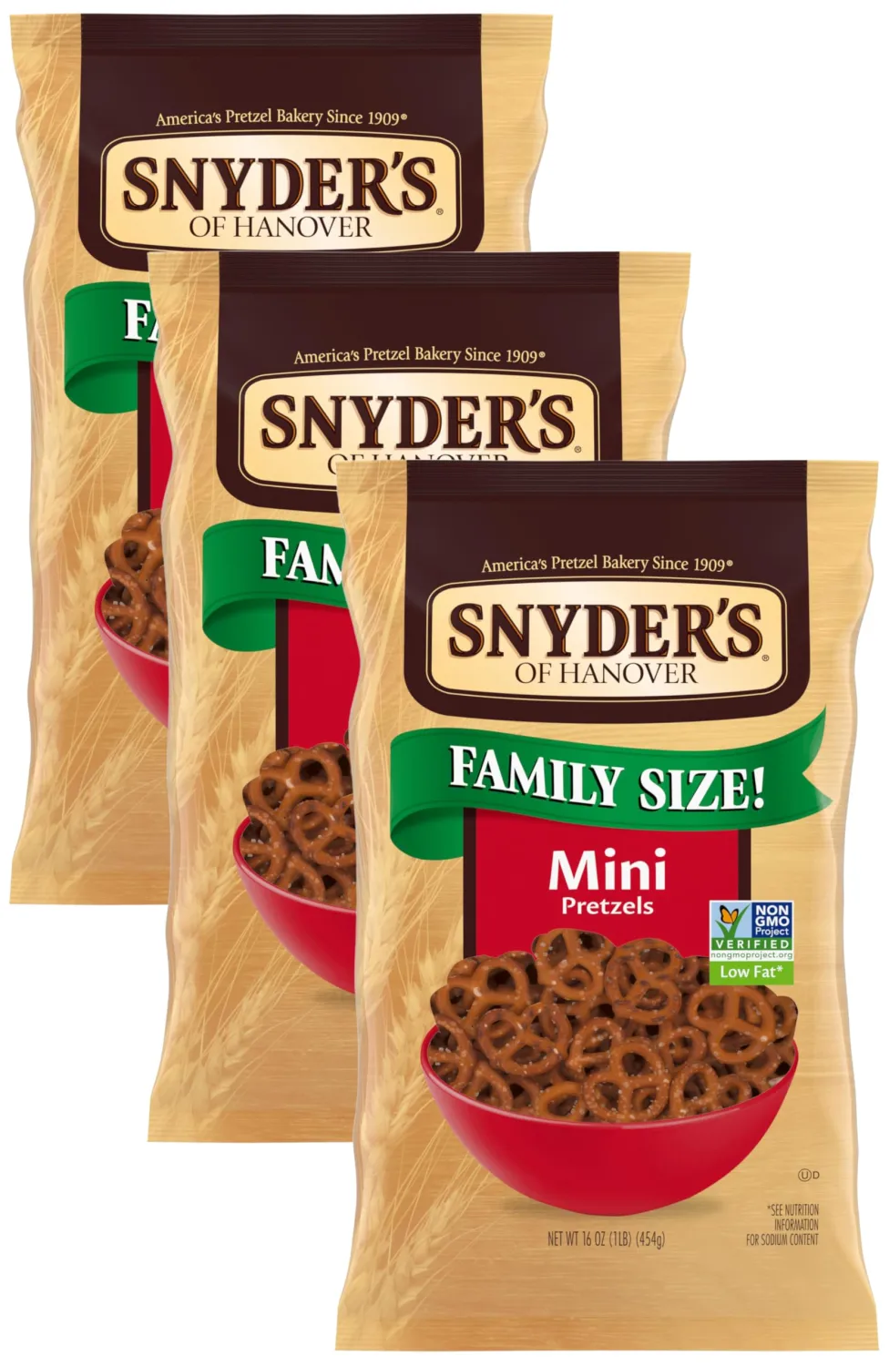 Snyder's of Hanover Pretzels, Mini Pretzels, Family Size 16 Oz (Pack of 3)