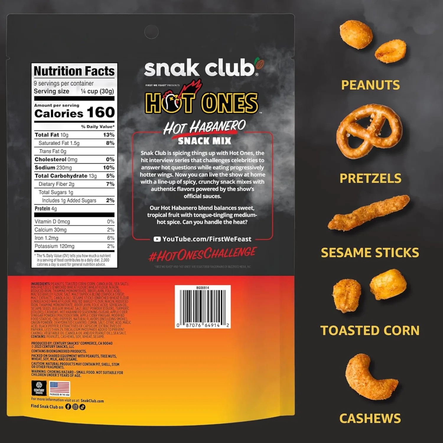 Snak Club x Hot Ones Hot Habanero Snack Mix, Spicy Snacks with Peanuts, Pretzels, Sesame Sticks, Toasted Corn & Cashews, Inspired by Hot Ones Hot Sauce, 10 oz Bag
