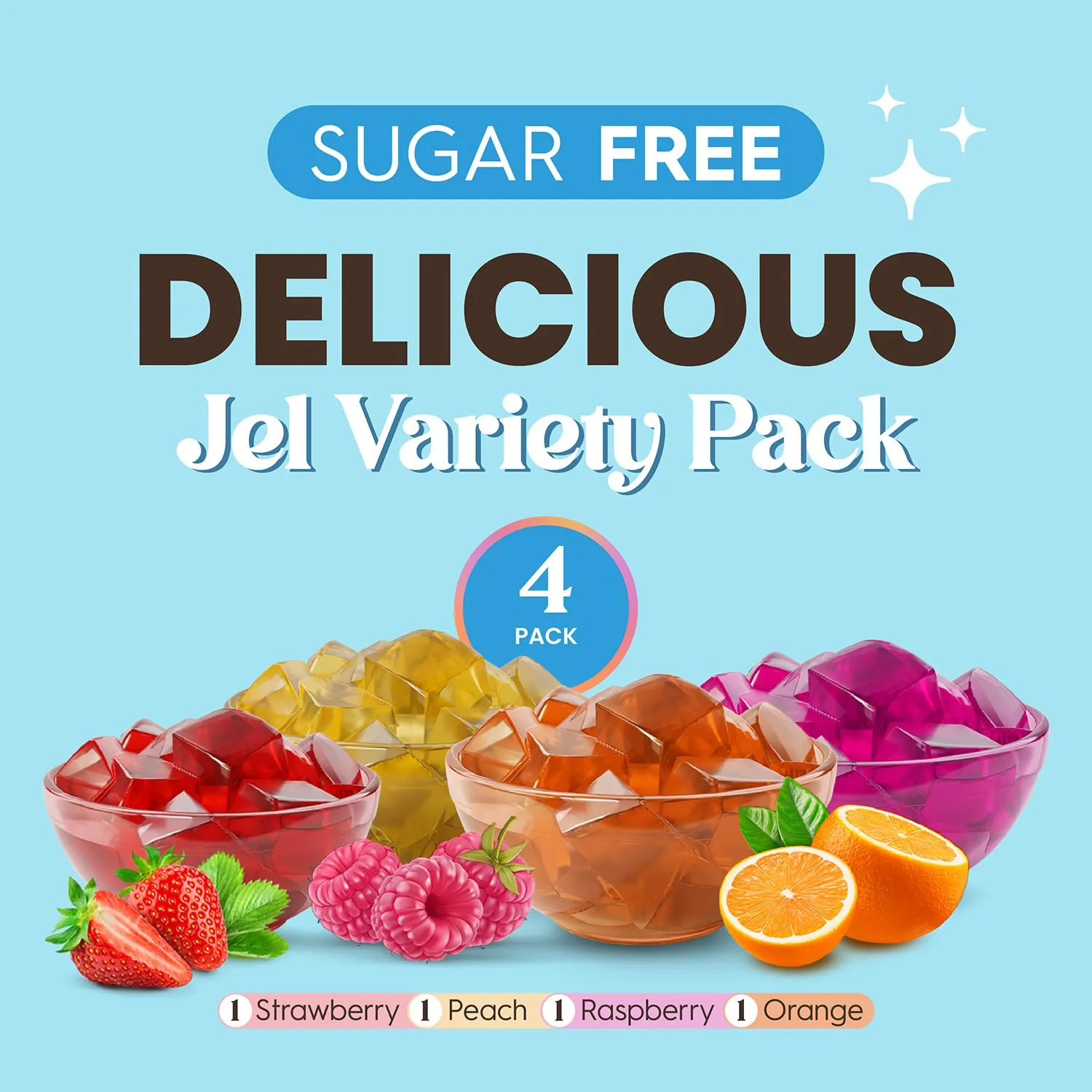 Simply Desserts Sugar-Free Jel Variety 4-Pack (Raspberry, Peach, Orange, Strawberry) — Vegan Dessert, Keto Snacks, Diabetic Friendly & Kosher, 1.7 Oz Ea