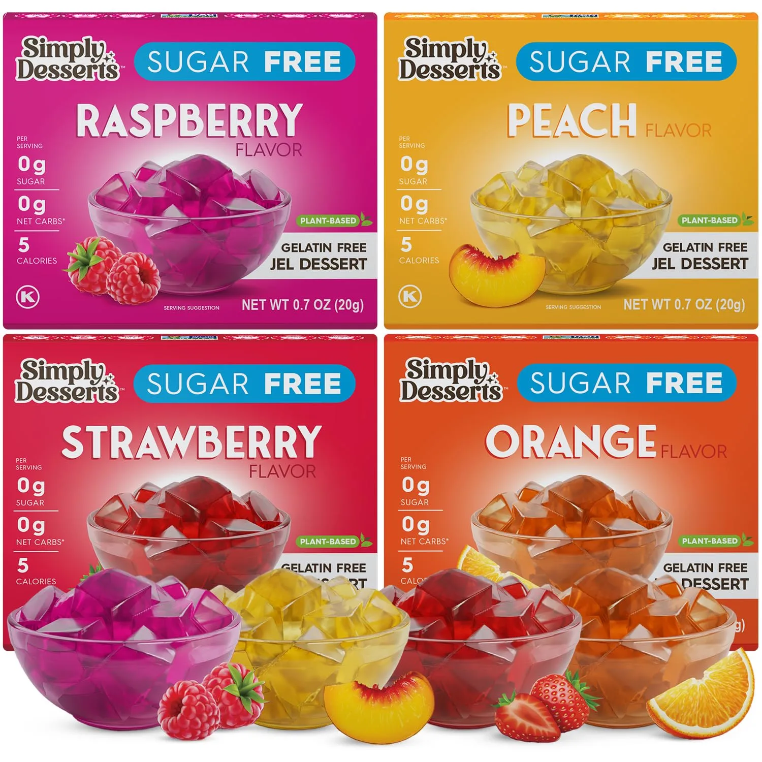Simply Desserts Sugar-Free Jel Variety 4-Pack (Raspberry, Peach, Orange, Strawberry) — Vegan Dessert, Keto Snacks, Diabetic Friendly & Kosher, 1.7 Oz Ea